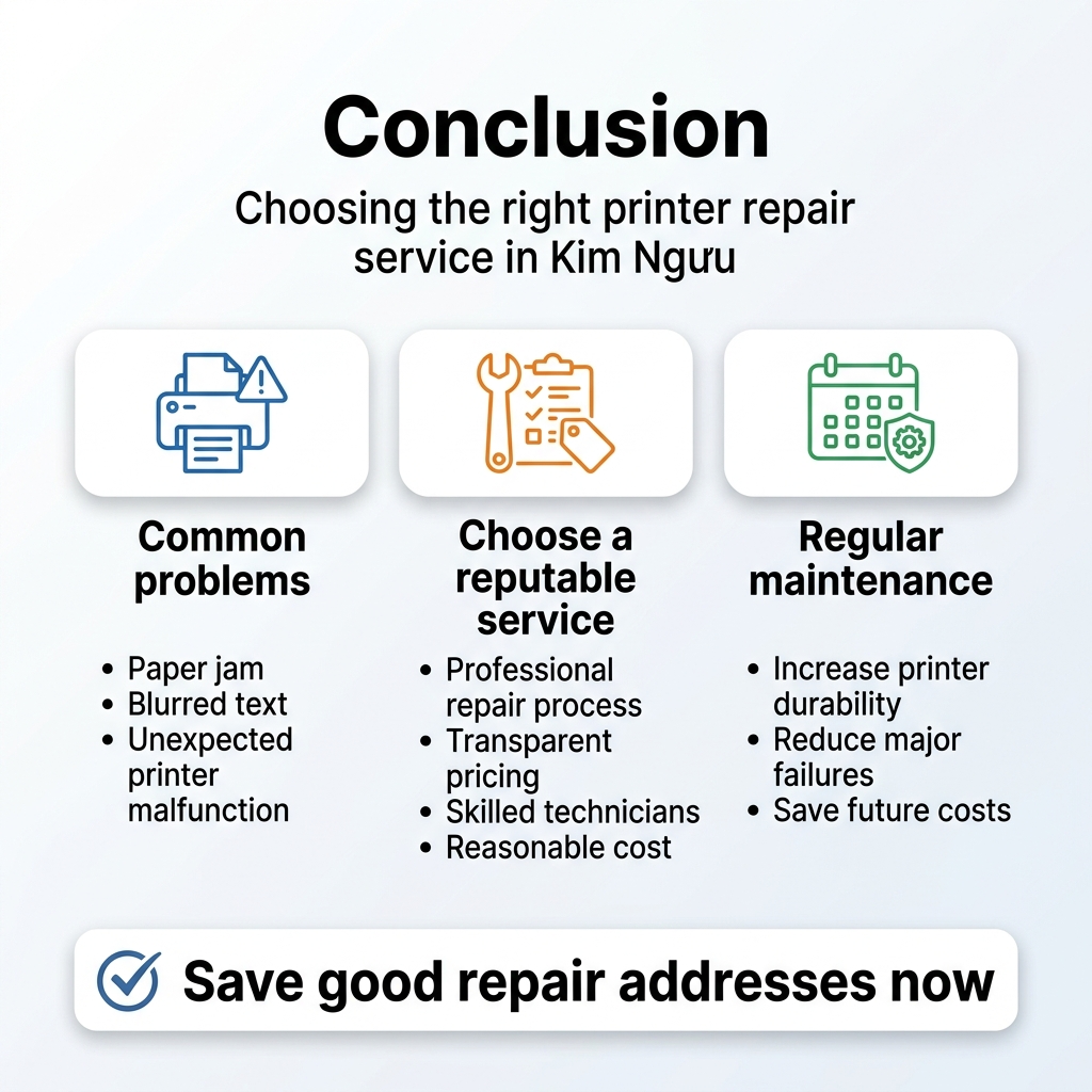 Square 1:1 infographic, full-bleed clean professional layout, white background with blue and orange accents, modern sans-serif fonts, clear visual hierarchy. Large bold heading at the top center: "Kết luận". Under the heading, a short subtitle in smaller text: "Chọn đúng nơi sửa máy in tại Kim Ngưu". Arrange the content in 3 wide horizontal sections across the middle, each in a rounded rectangle block with a distinct icon: Left block: blue icon of a printer with a paper jam and warning symbol. Title text: "Lỗi thường gặp". Bullet text: "Kẹt giấy", "Mờ chữ", "Máy in gặp sự cố đột xuất". Center block: orange icon of a wrench, checklist, and price tag. Title text: "Chọn dịch vụ uy tín". Bullet text: "Quy trình sửa chữa chuyên nghiệp", "Báo giá minh bạch", "Kỹ thuật viên giỏi", "Chi phí hợp lý". Right block: green icon of a calendar with a shield and gear. Title text: "Bảo dưỡng định kỳ". Bullet text: "Tăng độ bền cho máy in", "Giảm hỏng hóc lớn", "Tiết kiệm chi phí về sau". At the bottom, a highlighted callout bar spanning the width with a checkmark icon on the left and bold text: "Lưu lại địa chỉ sửa chữa tốt ngay từ bây giờ". Keep all text sharp, legible, and balanced with ample spacing. Use subtle shadows, simple line icons, and a polished corporate infographic style.