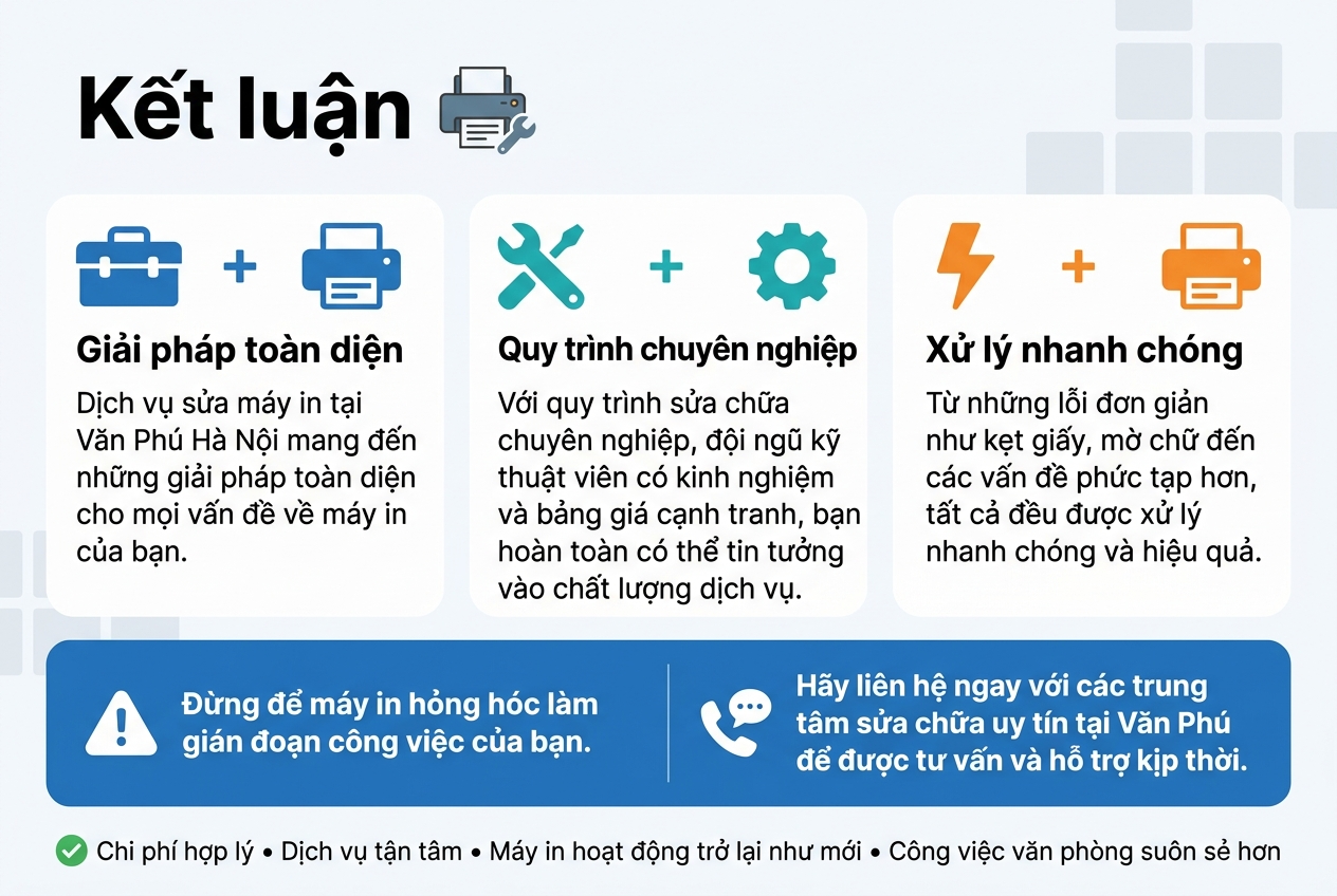 Create a clean, modern Vietnamese infographic illustration in aspect ratio 3:2, full-bleed wide layout with no poster frame. Professional service-business style, white background with blue, teal, and orange accents, subtle light gray grid shapes, crisp sans-serif font hierarchy.
Top full-width header band: bold large title text in Vietnamese, centered-left: "Kết luận". Add a small printer repair icon beside the title.
Below the header, arrange the content in a wide 3-column layout with 4 main blocks using rounded rectangles and simple flat icons:
Left block:
Title text: "Giải pháp toàn diện"
Icon: blue toolbox + printer icon.
Body text: "Dịch vụ sửa máy in tại Văn Phú Hà Nội mang đến những giải pháp toàn diện cho mọi vấn đề về máy in của bạn."
Center block:
Title text: "Quy trình chuyên nghiệp"
Icon: teal wrench + gear icon.
Body text: "Với quy trình sửa chữa chuyên nghiệp, đội ngũ kỹ thuật viên có kinh nghiệm và bảng giá cạnh tranh, bạn hoàn toàn có thể tin tưởng vào chất lượng dịch vụ."
Right block:
Title text: "Xử lý nhanh chóng"
Icon: orange lightning bolt + printer icon.
Body text: "Từ những lỗi đơn giản như kẹt giấy, mờ chữ đến các vấn đề phức tạp hơn, tất cả đều được xử lý nhanh chóng và hiệu quả."
Bottom full-width call-to-action bar with a contrasting blue background:
Left side: alert icon and bold text: "Đừng để máy in hỏng hóc làm gián đoạn công việc của bạn."
Right side: phone/chat support icon and bold text: "Hãy liên hệ ngay với các trung tâm sửa chữa uy tín tại Văn Phú để được tư vấn và hỗ trợ kịp thời."
At the very bottom, add a small final benefit line with a green check icon:
"Chi phí hợp lý • Dịch vụ tận tâm • Máy in hoạt động trở lại như mới • Công việc văn phòng suôn sẻ hơn"
Use clear visual hierarchy, bold section titles, smaller body text, clean spacing, aligned icons, and professional infographic styling.