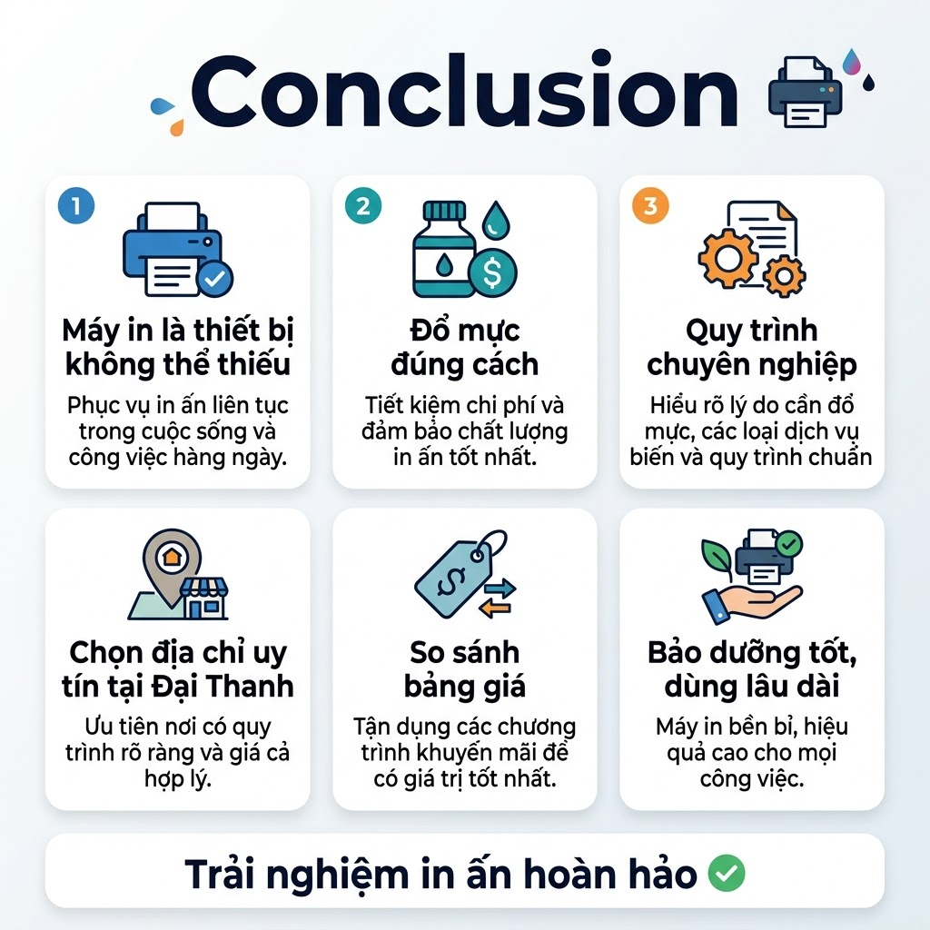 Square 1:1 infographic, full-bleed layout, clean modern professional style, white background with blue, teal, and orange accents, bold sans-serif typography. Top header spanning full width with large title text: "Conclusion" in dark navy, with a small printer icon and subtle ink droplet accents.
Below the title, create a wide 2-row, 3-column infographic grid with rounded rectangular sections, balanced spacing, not a vertical stack.
Section 1 at left: blue icon of a printer with a checkmark. Heading text: "Máy in là thiết bị không thể thiếu". Small body text beneath: "Phục vụ in ấn liên tục trong cuộc sống và công việc hàng ngày."
Section 2 in center: teal icon of an ink bottle and dollar sign. Heading text: "Đổ mực đúng cách". Small body text beneath: "Tiết kiệm chi phí và đảm bảo chất lượng in ấn tốt nhất."
Section 3 at right: orange icon of gears and a document. Heading text: "Quy trình chuyên nghiệp". Small body text beneath: "Hiểu rõ lý do cần đổ mực, các loại dịch vụ phổ biến và quy trình chuẩn."
Second row, left: map pin icon with a small building. Heading text: "Chọn địa chỉ uy tín tại Đại Thanh". Small body text beneath: "Ưu tiên nơi có quy trình rõ ràng và giá cả hợp lý."
Second row, center: price tag icon and comparison arrows. Heading text: "So sánh bảng giá". Small body text beneath: "Tận dụng các chương trình khuyến mãi để có giá trị tốt nhất."
Second row, right: maintenance icon showing a hand holding a printer with a leaf/checkmark. Heading text: "Bảo dưỡng tốt, dùng lâu dài". Small body text beneath: "Máy in bền bỉ, hiệu quả cao cho mọi công việc."
Add a thin horizontal footer band across the bottom with highlighted summary text in bold dark navy: "Trải nghiệm in ấn hoàn hảo" and a small green checkmark icon. Use consistent icon style, clear hierarchy, ample whitespace, crisp vector illustration, polished corporate infographic aesthetic.