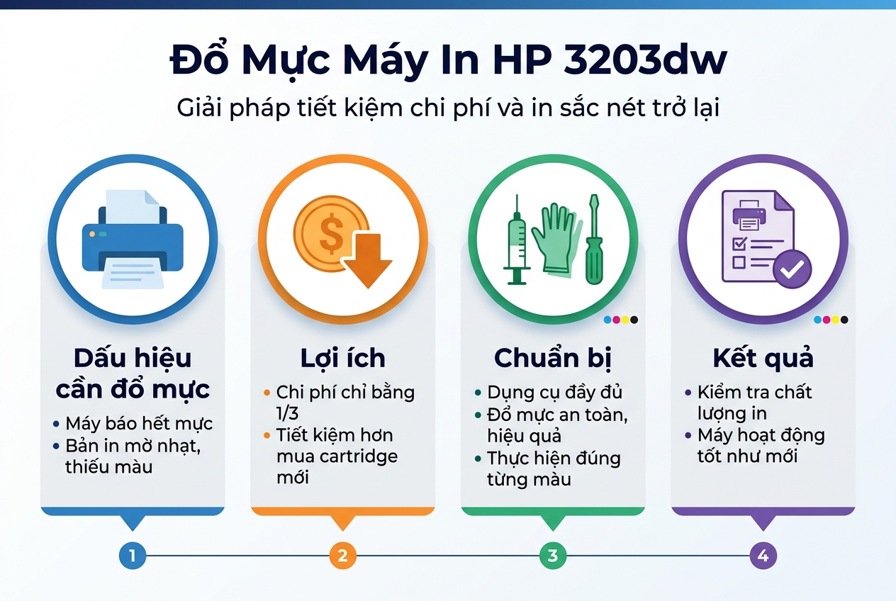 Đổ mực máy in màu HP 3203dw dịch vụ tận nơi