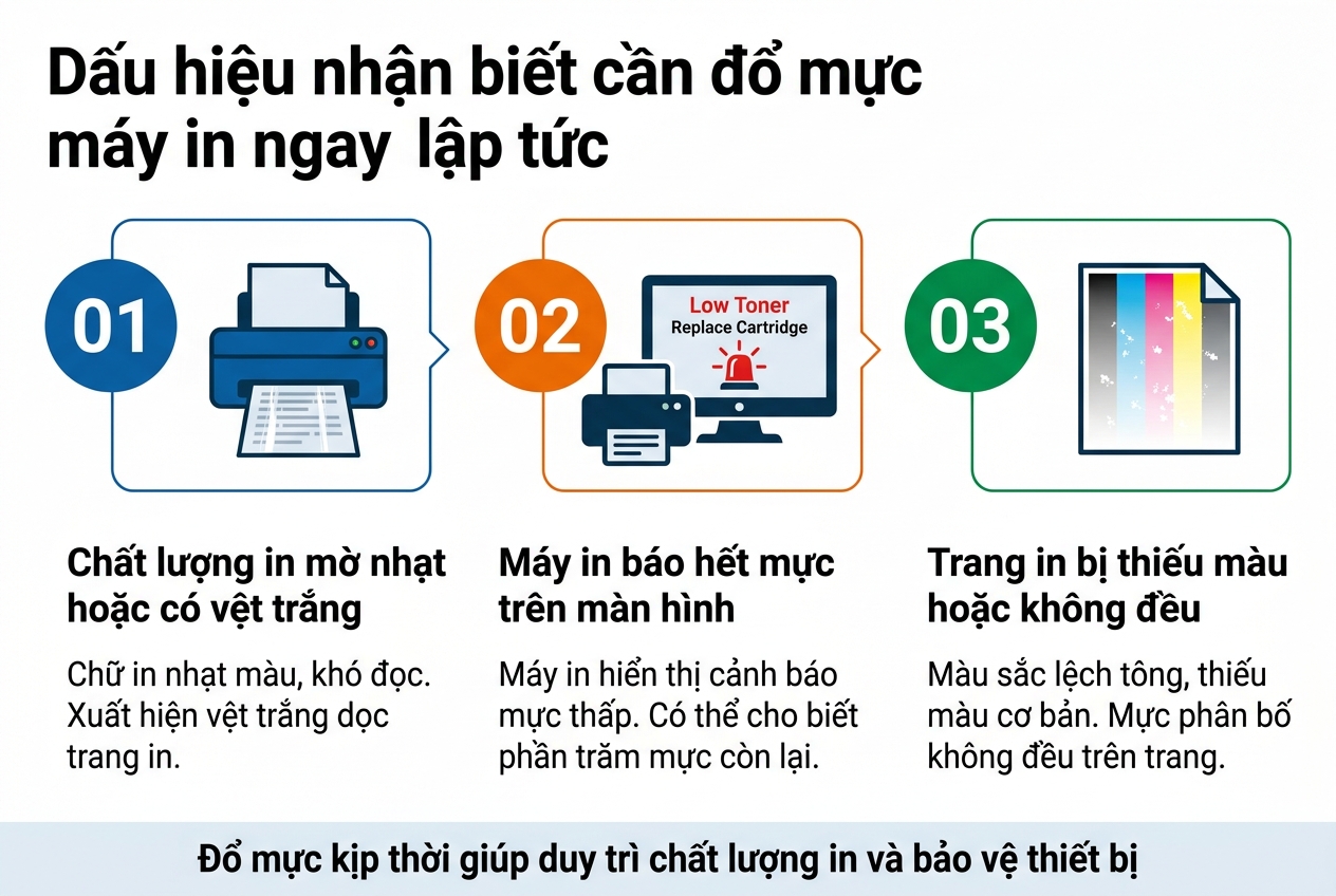 Tạo infographic khổ ngang 3:2, full-bleed, phong cách hiện đại sạch sẽ, chuyên nghiệp, nền trắng với điểm nhấn xanh dương đậm, xanh lá và cam cảnh báo, chữ sans-serif rõ nét. Ở phía trên cùng, đặt tiêu đề lớn, đậm, căn trái: “Dấu hiệu nhận biết cần đổ mực máy in ngay lập tức”. Bố cục bên dưới chia thành 3 khối ngang đều nhau từ trái sang phải, mỗi khối có một số thứ tự lớn trong vòng tròn màu nổi bật, một biểu tượng minh họa rõ ràng, tiêu đề phụ đậm và 2–3 dòng mô tả ngắn. Dùng đường kẻ mảnh hoặc mũi tên nhẹ để liên kết các khối. Khối 1 bên trái: - Số “01” trong vòng tròn xanh dương - Biểu tượng máy in đang in ra trang giấy có chữ mờ và vệt trắng - Tiêu đề phụ: “Chất lượng in mờ nhạt hoặc có vệt trắng” - Nội dung ngắn: “Chữ in nhạt màu, khó đọc. Xuất hiện vệt trắng dọc trang in.” Khối 2 ở giữa: - Số “02” trong vòng tròn cam - Biểu tượng màn hình máy in hoặc màn hình máy tính với cảnh báo đỏ, chữ “Low Toner”, “Replace Cartridge”, và đèn đỏ nhấp nháy - Tiêu đề phụ: “Máy in báo hết mực trên màn hình” - Nội dung ngắn: “Máy in hiển thị cảnh báo mực thấp. Có thể cho biết phần trăm mực còn lại.” Khối 3 bên phải: - Số “03” trong vòng tròn xanh lá - Biểu tượng trang in màu CMYK bị thiếu một phần màu, có các dải màu nhạt và vùng trắng rải rác - Tiêu đề phụ: “Trang in bị thiếu màu hoặc không đều” - Nội dung ngắn: “Màu sắc lệch tông, thiếu màu cơ bản. Mực phân bố không đều trên trang.” Thêm dải nhấn nhỏ ở cuối infographic, chạy ngang toàn chiều rộng, nền xám nhạt hoặc xanh nhạt, chứa dòng chữ đậm: “Đổ mực kịp thời giúp duy trì chất lượng in và bảo vệ thiết bị”. Giữ tổng thể thoáng, cân đối, icon sắc nét, màu cảnh báo dễ nhận biết, không dùng khung dọc hẹp, không dùng poster dọc, không thêm bất kỳ chữ nào khác ngoài các nội dung trên.