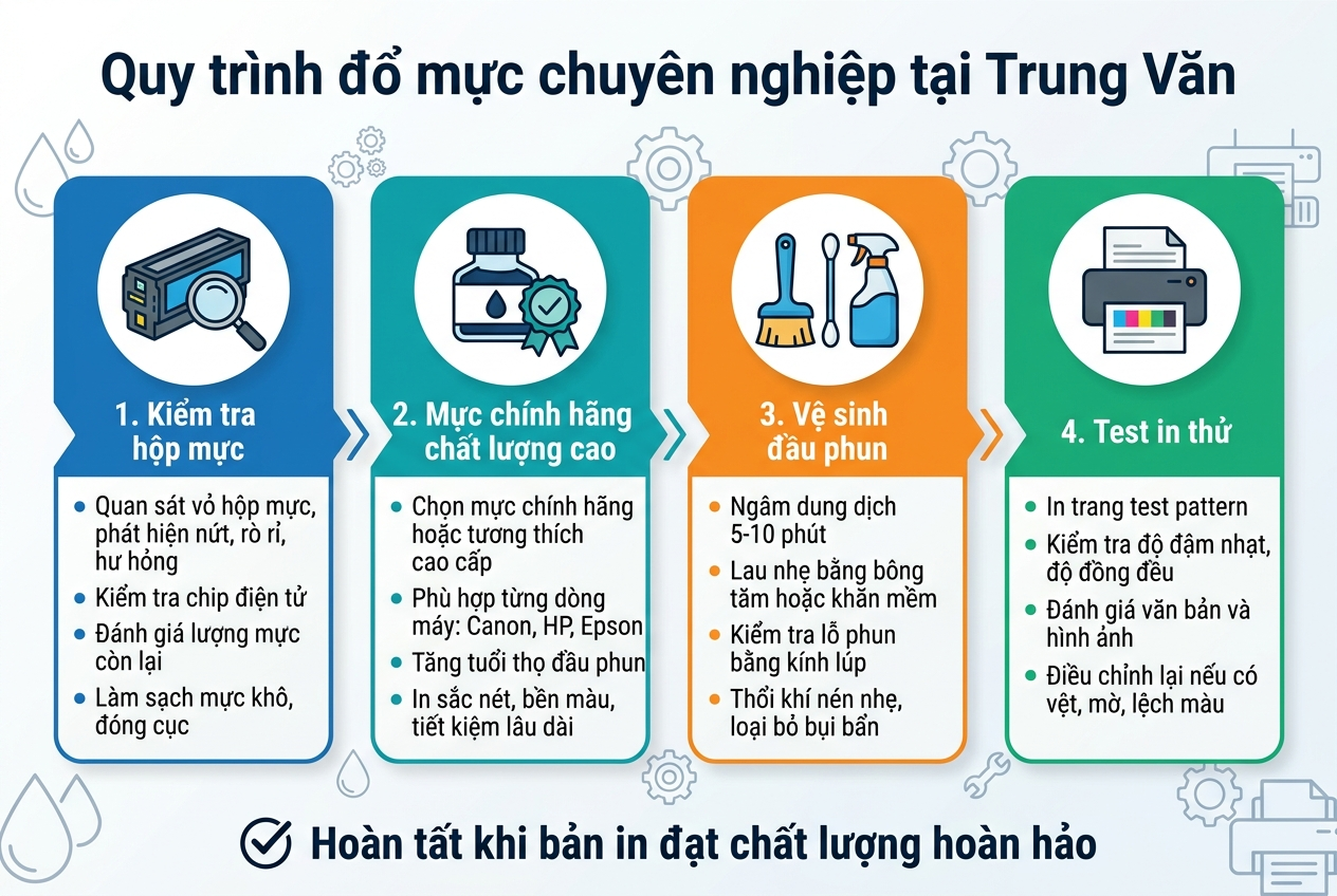 Infographic illustration, aspect ratio 3:2, full-bleed horizontal layout, clean professional Vietnamese business style, white background with blue, teal, orange, and dark gray accents, modern sans-serif fonts, clear visual hierarchy, crisp vector icons, no border frame, no centered vertical poster stack.Top band across full width with bold dark-blue title text: "Quy trình đổ mực chuyên nghiệp tại Trung Văn" Below the title, organize the content into 4 wide horizontal sections or 4 connected step cards from left to right, each with a large numbered circle, an icon, a short heading, and 2–4 compact bullet lines. Use subtle arrows connecting the steps. Section 1 on the left, blue card, icon of printer cartridge with magnifying glass: "1. Kiểm tra hộp mực" - "Quan sát vỏ hộp mực, phát hiện nứt, rò rỉ, hư hỏng" - "Kiểm tra chip điện tử" - "Đánh giá lượng mực còn lại" - "Làm sạch mực khô, đóng cục" Section 2, teal card, icon of ink bottle and quality check badge: "2. Mực chính hãng chất lượng cao" - "Chọn mực chính hãng hoặc tương thích cao cấp" - "Phù hợp từng dòng máy: Canon, HP, Epson" - "Tăng tuổi thọ đầu phun" - "In sắc nét, bền màu, tiết kiệm lâu dài" Section 3, orange card, icon of cleaning brush, cotton swab, and spray bottle: "3. Vệ sinh đầu phun" - "Ngâm dung dịch 5-10 phút" - "Lau nhẹ bằng bông tăm hoặc khăn mềm" - "Kiểm tra lỗ phun bằng kính lúp" - "Thổi khí nén nhẹ, loại bỏ bụi bẩn" Section 4 on the right, green card, icon of printer test page with color bars: "4. Test in thử" - "In trang test pattern" - "Kiểm tra độ đậm nhạt, độ đồng đều" - "Đánh giá văn bản và hình ảnh" - "Điều chỉnh lại nếu có vệt, mờ, lệch màu" At the bottom, add a full-width conclusion bar with a checkmark icon and dark blue text: "Hoàn tất khi bản in đạt chất lượng hoàn hảo" Add small decorative line icons of ink drops, gears, and printer parts in the background at low opacity. Use strong contrast, neat spacing, aligned grids, and polished corporate infographic styling.