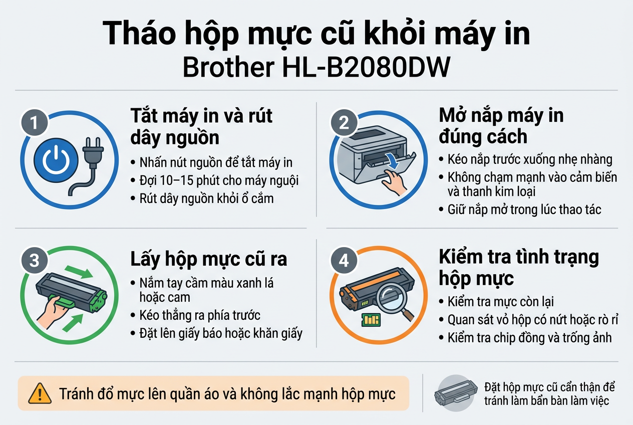 Tham khảo hướng dẫn đổ mực máy in brother HL-B2080DW