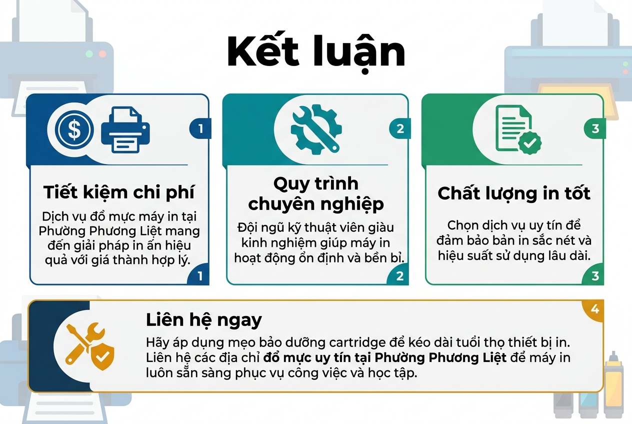 Full-bleed professional infographic illustration, aspect ratio 3:2, clean modern flat design with a white background, deep blue and teal accents, gold highlights, bold sans-serif typography. Large bold heading at the top center: "Kết luận". Under the heading, arrange four wide horizontal content blocks across the canvas in a clean multi-column layout, not a vertical poster. Block 1 on the left with a blue coin and printer icon, title text: "Tiết kiệm chi phí", body text: "Dịch vụ đổ mực máy in tại Phường Phương Liệt mang đến giải pháp in ấn hiệu quả với giá thành hợp lý." Block 2 near the upper center with a teal wrench and gear icon, title text: "Quy trình chuyên nghiệp", body text: "Đội ngũ kỹ thuật viên giàu kinh nghiệm giúp máy in hoạt động ổn định và bền bỉ." Block 3 on the right with a green document and quality check icon, title text: "Chất lượng in tốt", body text: "Chọn dịch vụ uy tín để đảm bảo bản in sắc nét và hiệu suất sử dụng lâu dài." Block 4 along the bottom spanning wide with an orange maintenance and shield icon, title text: "Liên hệ ngay", body text: "Hãy áp dụng mẹo bảo dưỡng cartridge để kéo dài tuổi thọ thiết bị in. Liên hệ các địa chỉ đổ mực uy tín tại Phường Phương Liệt để máy in luôn sẵn sàng phục vụ công việc và học tập." Use small numbered markers 1, 2, 3, 4 beside each block, subtle printer and cartridge illustrations in the background, clean spacing, strong visual hierarchy, professional business infographic style.