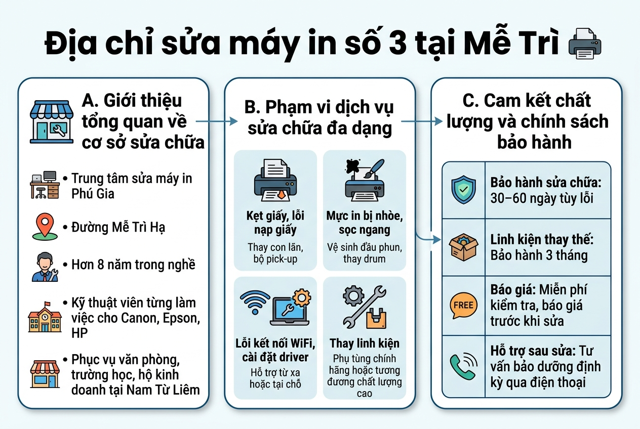 Create a clean, professional infographic illustration in aspect ratio 3:2, full-bleed layout, modern flat design, white background with blue, teal, and orange accent colors, bold sans-serif typography, clear visual hierarchy.
Top header spanning the full width: large bold title text in Vietnamese: "Địa chỉ sửa máy in số 3 tại Mễ Trì". Place a small printer icon beside the title.
Use a wide horizontal 3-section layout beneath the header, not a narrow vertical stack.
Left section: a large rounded rectangle panel titled "A. Giới thiệu tổng quan về cơ sở sửa chữa". Include a storefront/service icon and a location pin icon. Add short bullet text:
- "Trung tâm sửa máy in Phú Gia"
- "Đường Mễ Trì Hạ"
- "Hơn 8 năm trong nghề"
- "Kỹ thuật viên từng làm việc cho Canon, Epson, HP"
- "Phục vụ văn phòng, trường học, hộ kinh doanh tại Nam Từ Liêm"
Use small supporting visuals of office, school, and shop icons.
Center section: a rounded rectangle panel titled "B. Phạm vi dịch vụ sửa chữa đa dạng". Use four icon-based blocks arranged in a 2x2 grid with simple printer repair illustrations.
Block 1: paper jam icon, text: "Kẹt giấy, lỗi nạp giấy" and smaller line "Thay con lăn, bộ pick-up"
Block 2: ink smear icon, text: "Mực in bị nhòe, sọc ngang" and smaller line "Vệ sinh đầu phun, thay drum"
Block 3: WiFi icon and laptop/gear icon, text: "Lỗi kết nối WiFi, cài đặt driver" and smaller line "Hỗ trợ từ xa hoặc tại chỗ"
Block 4: replacement parts icon, text: "Thay linh kiện" and smaller line "Phụ tùng chính hãng hoặc tương đương chất lượng cao"
Right section: a rounded rectangle panel titled "C. Cam kết chất lượng và chính sách bảo hành". Use a checklist or table-style layout with four rows and matching icons:
- "Bảo hành sửa chữa: 30–60 ngày tùy lỗi"
- "Linh kiện thay thế: Bảo hành 3 tháng"
- "Báo giá: Miễn phí kiểm tra, báo giá trước khi sửa"
- "Hỗ trợ sau sửa: Tư vấn bảo dưỡng định kỳ qua điện thoại"
Include a shield icon, a box/part icon, a free quote icon, and a phone support icon.
Add subtle connecting lines or arrows between the three main panels for visual flow. Use clean spacing, balanced margins, soft shadows, and crisp iconography. Keep all text in Vietnamese exactly as written. No extra text.