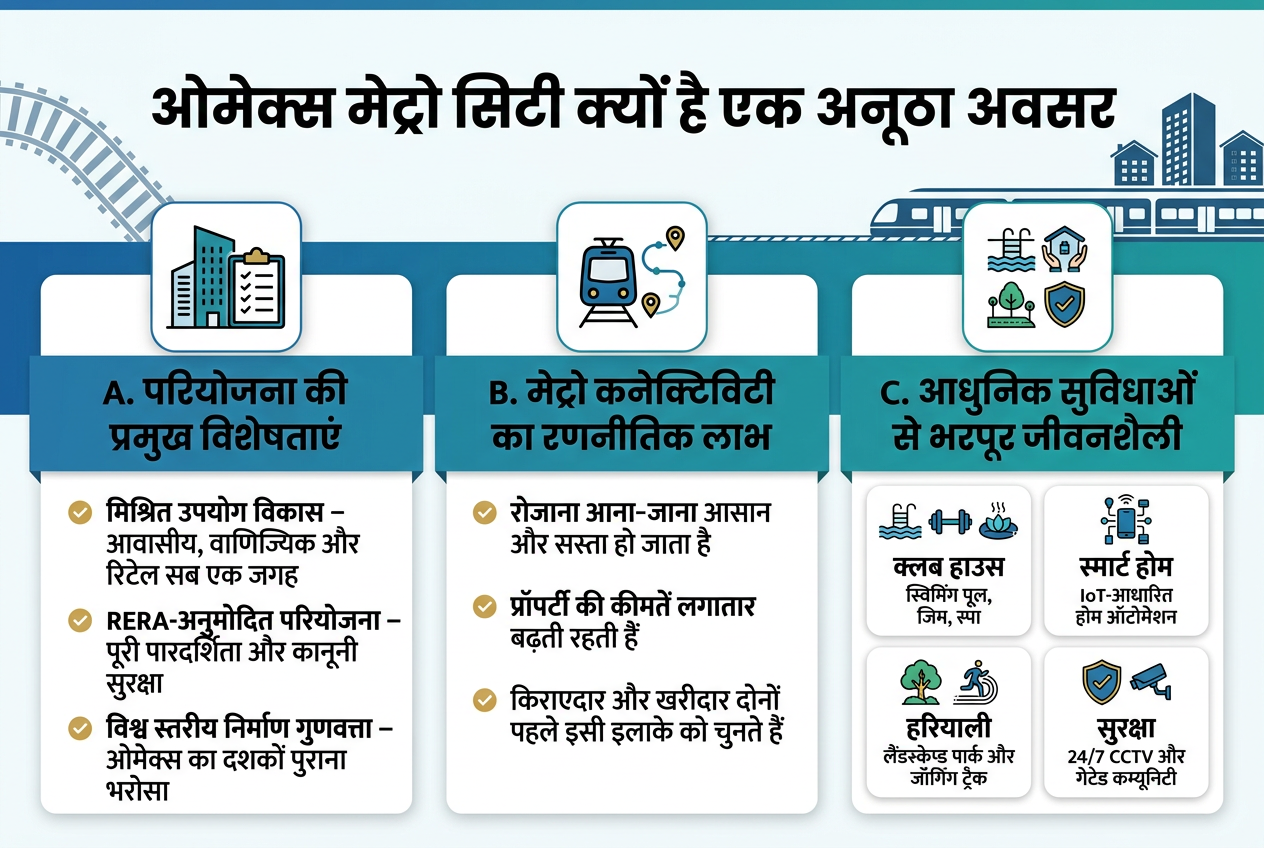 Omaxe Metro City is best ?? 3 Aspect ratio 3:2, full-bleed professional infographic in Hindi, clean modern real-estate marketing style, blue, teal, white, and gold color palette, crisp sans-serif typography, bold headline at top center.
Top header band with large bold title in Hindi: "ओमेक्स मेट्रो सिटी क्यों है एक अनूठा अवसर"
Below the title, create three wide horizontal content sections across the canvas, each in a clean card with icon and bold subheading:
Left section: a modern building and checklist icon, heading: "A. परियोजना की प्रमुख विशेषताएं", with three bullet points using small gold check icons:
- "मिश्रित उपयोग विकास – आवासीय, वाणिज्यिक और रिटेल सब एक जगह"
- "RERA-अनुमोदित परियोजना – पूरी पारदर्शिता और कानूनी सुरक्षा"
- "विश्व स्तरीय निर्माण गुणवत्ता – ओमेक्स का दशकों पुराना भरोसा"
Center section: a metro train icon with route line, heading: "B. मेट्रो कनेक्टिविटी का रणनीतिक लाभ", with three bullet points:
- "रोजाना आना-जाना आसान और सस्ता हो जाता है"
- "प्रॉपर्टी की कीमतें लगातार बढ़ती रहती हैं"
- "किराएदार और खरीदार दोनों पहले इसी इलाके को चुनते हैं"
Right section: a lifestyle amenities icon cluster, heading: "C. आधुनिक सुविधाओं से भरपूर जीवनशैली", arranged as a neat 2x2 grid of mini cards with icons and labels:
- "क्लब हाउस" with swimming pool, gym, spa icons and small text "स्विमिंग पूल, जिम, स्पा"
- "स्मार्ट होम" with connected device icon and small text "IoT-आधारित होम ऑटोमेशन"
- "हरियाली" with tree and jogging track icon and small text "लैंडस्केप्ड पार्क और जॉगिंग ट्रैक"
- "सुरक्षा" with shield and CCTV camera icon and small text "24/7 CCTV और गेटेड कम्युनिटी"
Add subtle background elements of metro tracks and premium housing silhouettes, but keep the layout clean and readable. Use clear visual hierarchy, bold section headings, neat spacing, and strong contrast. No extra text beyond the specified Hindi text.