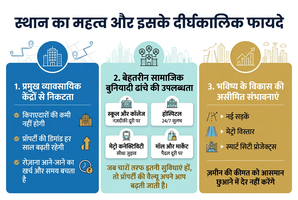 Omaxe Metro City is best ?? 5 Aspect ratio 3:2, full-bleed professional real estate infographic in Hindi, clean modern corporate style, white background with blue, teal, and gold accents, subtle city skyline and map-route graphics in the background, bold headline at top across full width in large dark navy font: "स्थान का महत्व और इसके दीर्घकालिक फायदे"
Use a wide horizontal three-section layout with clear visual hierarchy:
Left section, large blue panel with a city/office icon and route lines, heading in bold: "1. प्रमुख व्यावसायिक केंद्रों से निकटता"
Include three bullet points with small check icons:
- "किराएदारों की कमी नहीं होगी"
- "प्रॉपर्टी की डिमांड हर साल बढ़ती रहेगी"
- "रोज़ाना आने-जाने का खर्च और समय बचता है"
Add small visual icons beside bullets: office building, upward arrow, clock and rupee symbol
Center section, light teal panel with a social infrastructure icon cluster, heading in bold: "2. बेहतरीन सामाजिक बुनियादी ढांचे की उपलब्धता"
Show a neat 2x2 grid of feature cards with icons and labels:
- school icon with text "स्कूल और कॉलेज" and smaller text "नज़दीकी दूरी पर"
- hospital icon with text "हॉस्पिटल" and smaller text "24/7 सुलभ"
- metro icon with text "मेट्रो कनेक्टिविटी" and smaller text "सीधा जुड़ाव"
- shopping bag or mall icon with text "मॉल और मार्केट" and smaller text "पैदल दूरी पर"
Add a highlighted line below the grid in gold: "जब चारों तरफ इतनी सुविधाएं हों, तो प्रॉपर्टी की वैल्यू अपने आप बढ़ती जाती है।"
Right section, warm gold panel with a growth roadmap and development icon, heading in bold: "3. भविष्य के विकास की असीमित संभावनाएं"
Show a simple upward growth line, road, metro extension, and smart city icons
Include three concise bullet points with arrow markers:
- "नई सड़कें"
- "मेट्रो विस्तार"
- "स्मार्ट सिटी प्रोजेक्ट्स"
Add a bold closing line at the bottom: "ज़मीन की कीमत को आसमान छुआने में देर नहीं करेंगे"
Use strong typography, balanced spacing, crisp vector shapes, subtle shadows, and clear section dividers; no photo realism, no people, no clutter, no extra text beyond the specified Hindi copy.