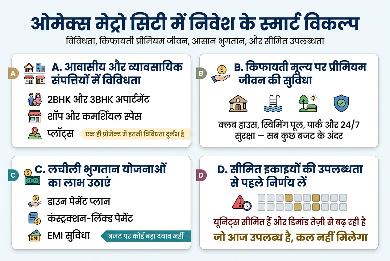 Omaxe Metro City is best ?? 6 Aspect ratio 3:2, full-bleed professional real estate infographic in Hindi, modern clean layout, wide horizontal composition with four evenly spaced content blocks across the canvas, premium corporate style, white background with blue, teal, and gold accents, bold sans-serif Hindi typography, strong visual hierarchy, subtle geometric shapes and soft shadows, no inset frame, no poster border.
Top header spanning full width:
Large bold title in dark blue: "ओमेक्स मेट्रो सिटी में निवेश के स्मार्ट विकल्प"
Small subtitle line beneath in medium gray: "विविधता, किफायती प्रीमियम जीवन, आसान भुगतान, और सीमित उपलब्धता"
Below the header, arrange four wide horizontal sections or cards in a 2x2 grid:
1) Left-top section with a residential/commercial mix icon set:
Heading in bold blue: "A. आवासीय और व्यावसायिक संपत्तियों में विविधता"
Three bullet points with small icons:
- "2BHK और 3BHK अपार्टमेंट" with a family/home icon
- "शॉप और कमर्शियल स्पेस" with a storefront icon
- "प्लॉट्स" with a land plot/map pin icon
Add a small highlighted note in gold: "एक ही प्रोजेक्ट में इतनी विविधता दुर्लभ है"
2) Right-top section with amenity icons:
Heading in bold blue: "B. किफायती मूल्य पर प्रीमियम जीवन की सुविधा"
Show icons for clubhouse, swimming pool, park, and security shield aligned in a row
Short text below in clean black:
"क्लब हाउस, स्विमिंग पूल, पार्क और 24/7 सुरक्षा — सब कुछ बजट के अंदर"
3) Left-bottom section with payment plan icons:
Heading in bold blue: "C. लचीली भुगतान योजनाओं का लाभ उठाएं"
Three stacked bullet points with finance icons:
- "डाउन पेमेंट प्लान"
- "कंस्ट्रक्शन-लिंक्ड पेमेंट"
- "EMI सुविधा"
Add a small tag or badge in teal: "बजट पर कोई बड़ा दबाव नहीं"
4) Right-bottom section with urgency/availability visual:
Heading in bold blue: "D. सीमित इकाइयों की उपलब्धता से पहले निर्णय लें"
Use an alert/clock icon and a few limited-unit tiles or apartment blocks with only a few highlighted
Short emphasized text in dark red:
"यूनिट्स सीमित हैं और डिमांड तेज़ी से बढ़ रही है"
Bolder closing line in gold or dark blue:
"जो आज उपलब्ध है, कल नहीं मिलेगा"
Visual style details:
- Use clean card borders, rounded corners, and subtle divider lines
- Use small numbered markers A, B, C, D in colored circles at each section start
- Use simple vector-style icons only
- Keep all text crisp and readable
- Balanced spacing, no clutter, no extra text outside the specified content