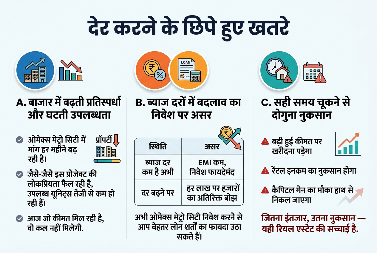 Omaxe Metro City is best ?? 7 3:2 landscape infographic, full-bleed layout, clean professional real-estate marketing style, white background with blue, teal, and orange accents, modern sans-serif Hindi typography, bold clear hierarchy, subtle grid and soft shadow cards, no frame, no poster border.
Top center: large bold heading in dark navy Hindi text: "देर करने के छिपे हुए खतरे"
Below the heading, create three wide horizontal sections across the page with icons and bold subheads, using a left-to-right reading flow.
Section 1 on the left third:
Blue circular icon of a rising building and a shrinking stock arrow.
Bold subheading: "A. बाजार में बढ़ती प्रतिस्पर्धा और घटती उपलब्धता"
Under it, three short bullet points with small check icons:
"ओमेक्स मेट्रो सिटी में प्रॉपर्टी की मांग हर महीने बढ़ रही है।"
"जैसे-जैसे इस प्रोजेक्ट की लोकप्रियता फैल रही है, उपलब्ध यूनिट्स तेजी से कम हो रही हैं।"
"आज जो कीमत मिल रही है, वो कल नहीं मिलेगी."
Add a small visual of fewer apartment units and a downward availability bar.
Section 2 in the center third:
Orange circular icon of a rupee symbol with a percent sign and loan papers.
Bold subheading: "B. ब्याज दरों में बदलाव का निवेश पर असर"
Below it, a two-row comparison table with clean borders:
Left column header: "स्थिति"
Right column header: "असर"
Row 1 left: "ब्याज दर कम है अभी"
Row 1 right: "EMI कम, निवेश फायदेमंद"
Row 2 left: "दर बढ़ने पर"
Row 2 right: "हर लाख पर हजारों का अतिरिक्त बोझ"
Add a small RBI-style interest rate arrow graphic rising and falling.
Below the table in smaller bold text:
"अभी ओमेक्स मेट्रो सिटी निवेश करने से आप बेहतर लोन शर्तों का फायदा उठा सकते हैं।"
Section 3 on the right third:
Teal circular icon of a clock, calendar, and house with a warning mark.
Bold subheading: "C. सही समय चूकने से दोगुना नुकसान"
Below it, three bullet points with small red warning markers:
"बढ़ी हुई कीमत पर खरीदना पड़ेगा"
"रेंटल इनकम का नुकसान होगा"
"कैपिटल गेन का मौका हाथ से निकल जाएगा"
Add a simple upward price chart and a faded missed-opportunity arrow.
At the bottom of this section, bold concluding line in dark red:
"जितना इंतजार, उतना नुकसान — यही रियल एस्टेट की सच्चाई है."
Use strong alignment, balanced spacing, crisp icons, and legible Hindi text throughout.