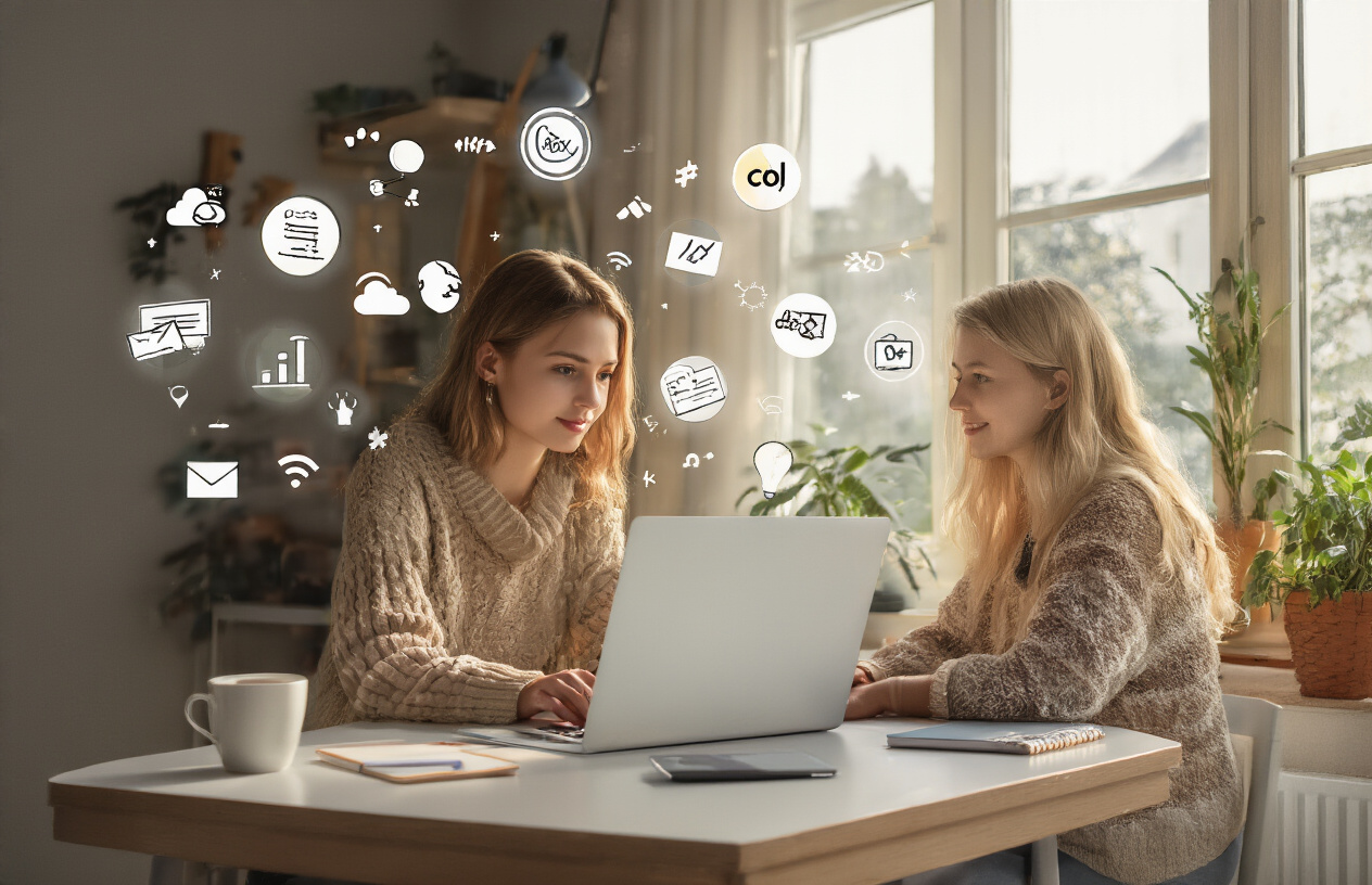 Create a realistic image of a young white female freelancer working on her laptop at a modern home office desk, with multiple freelance project icons floating around her workspace including design tools, writing symbols, coding elements, and digital marketing graphics, warm natural lighting from a nearby window, organized workspace with coffee cup and notepad, professional yet comfortable atmosphere showing the concept of monetizing personal skills online, absolutely NO text should be in the scene.
