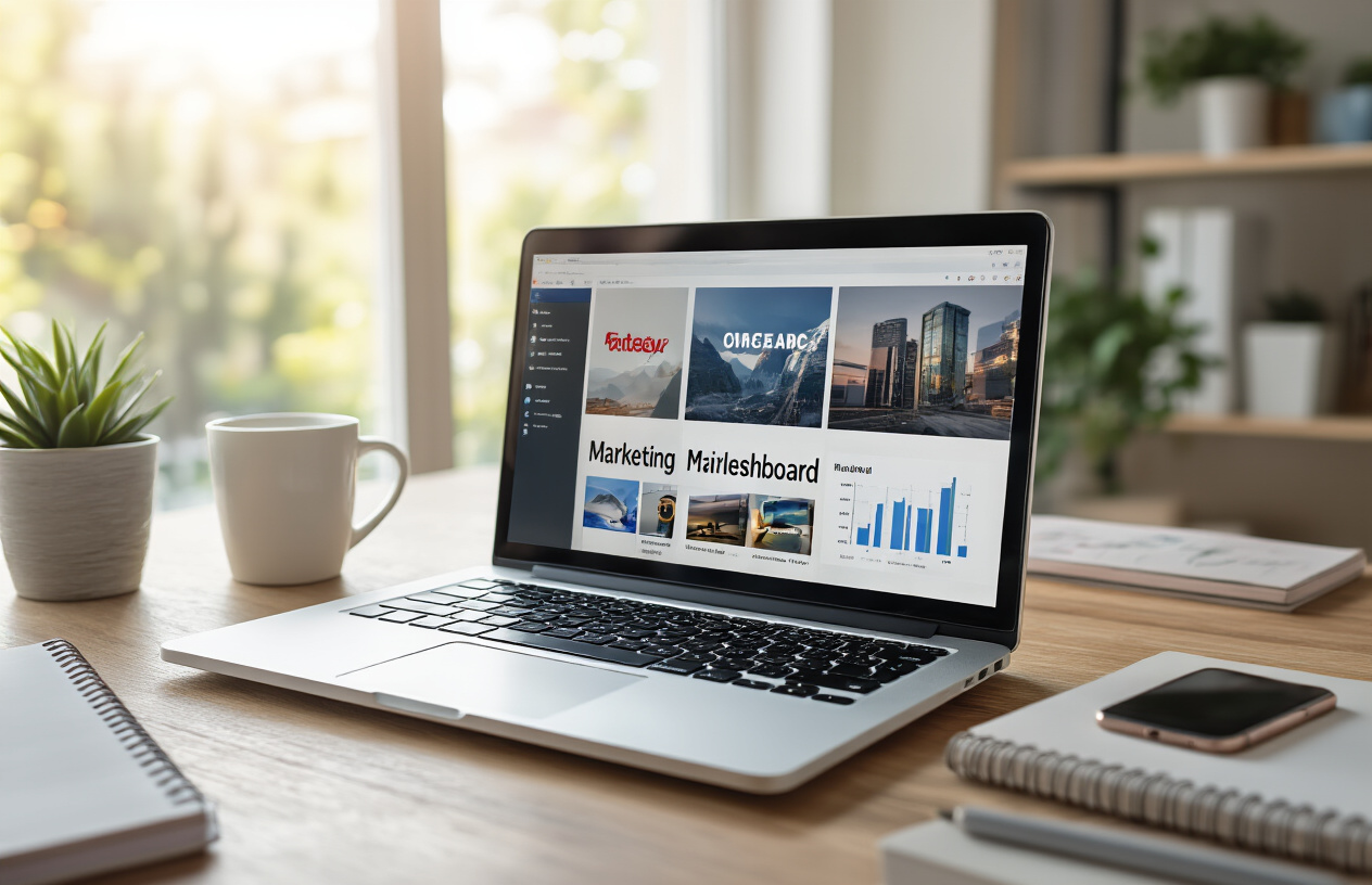 Create a realistic image of a modern home office setup with a laptop displaying various brand logos and product images on the screen, showing affiliate marketing dashboard with performance charts, surrounded by marketing materials like notebooks and a smartphone, warm natural lighting from a nearby window, professional and organized workspace atmosphere, absolutely NO text should be in the scene.