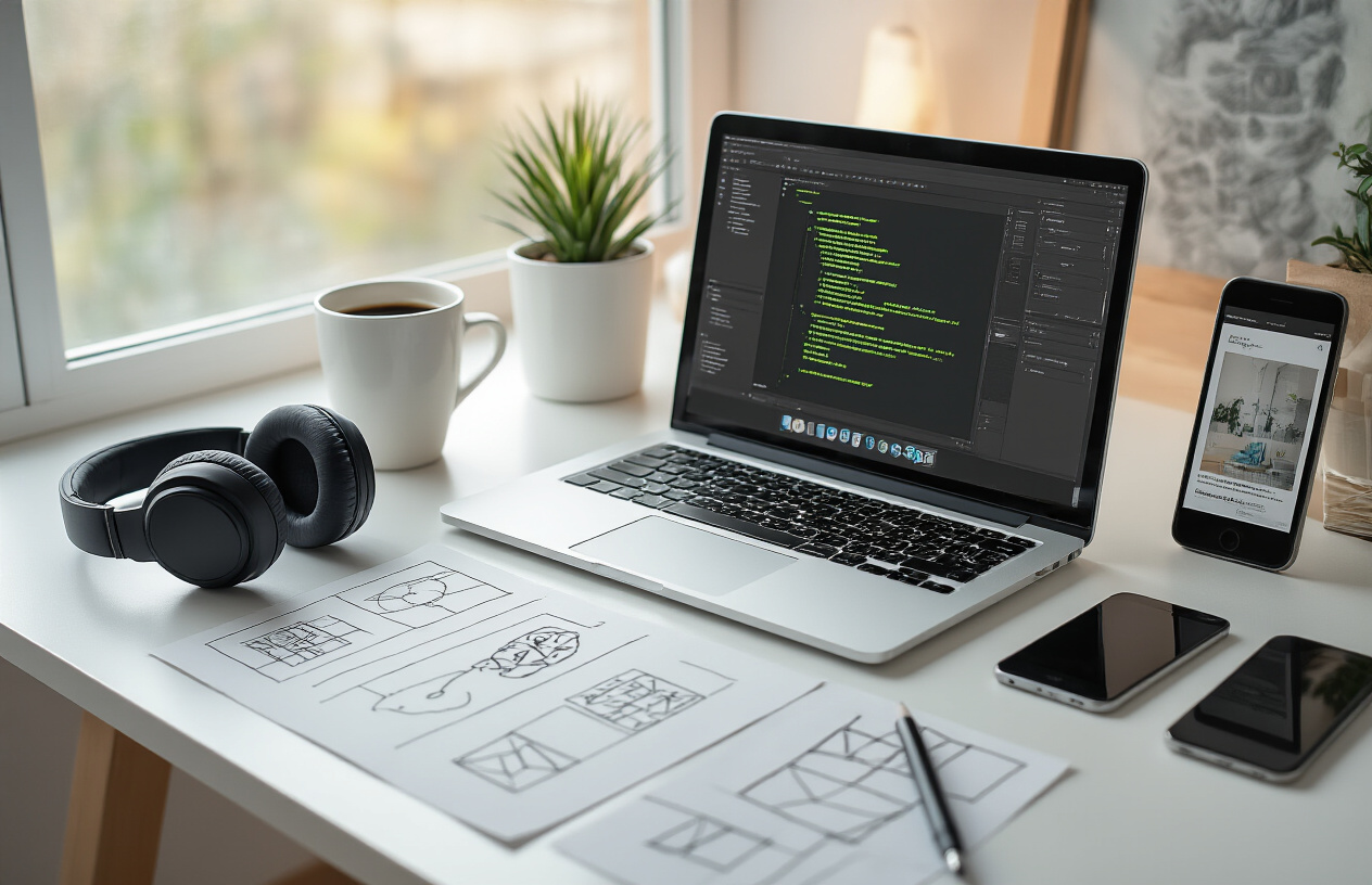 Create a realistic image of a modern workspace showing digital product creation with a laptop displaying design software interface, smartphone with mobile app mockup, tablet showing an e-book cover, scattered design sketches and wireframes on a clean white desk, wireless headphones, coffee cup, and small potted plant, soft natural lighting from a nearby window creating a productive atmosphere, warm and inviting mood suggesting creativity and entrepreneurship, absolutely NO text should be in the scene.