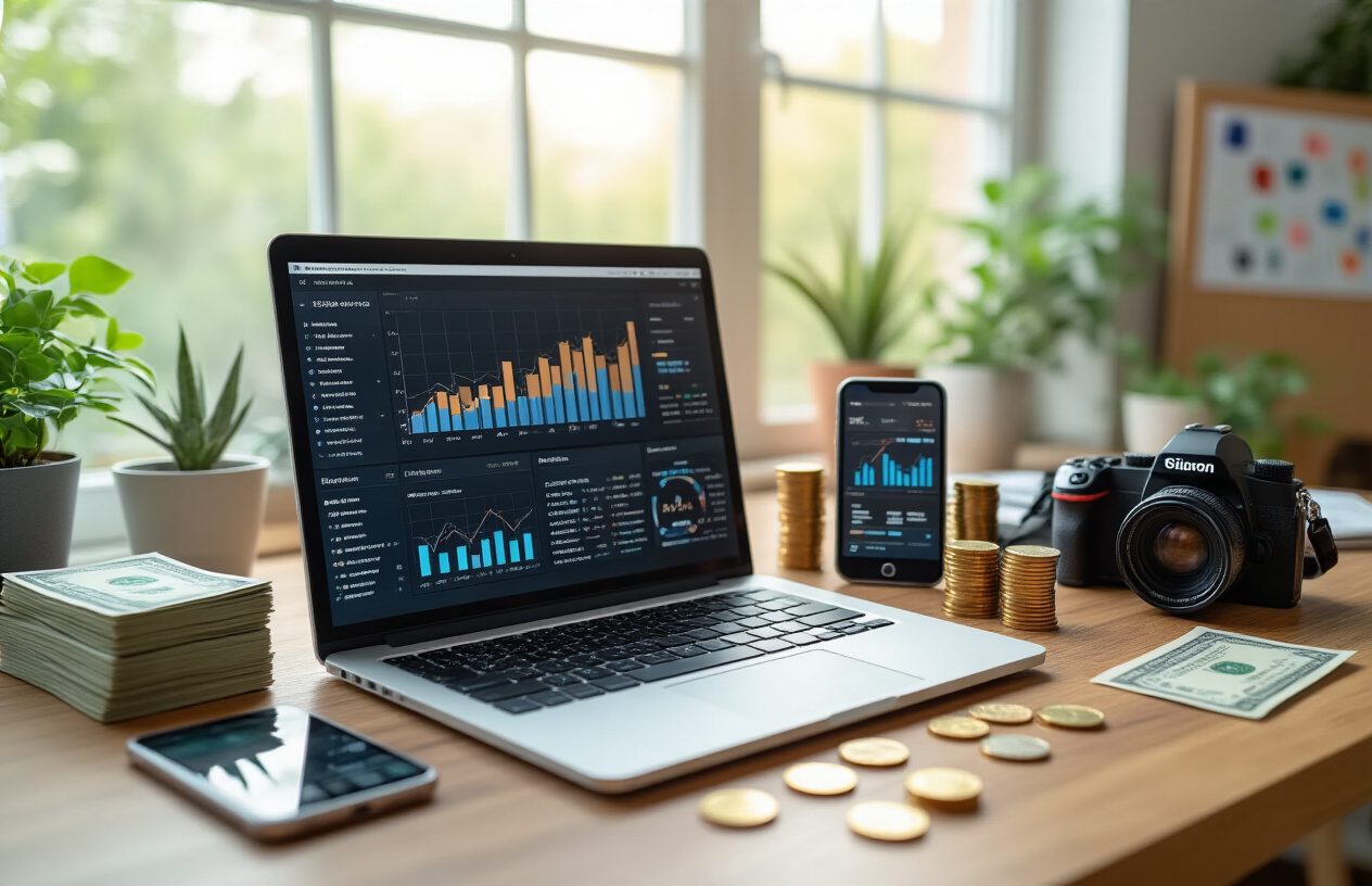 Create a realistic image of a modern workspace showing multiple income streams, featuring a sleek laptop displaying dashboard analytics with upward trending graphs, scattered around the desk are a smartphone showing mobile app interfaces, professional camera equipment, and neat stacks of cash or coins, the background shows a bright home office with natural lighting streaming through a window, plants on the windowsill, and motivational elements like a vision board, the overall mood is prosperous and organized with warm lighting that conveys success and financial achievement, absolutely NO text should be in the scene.