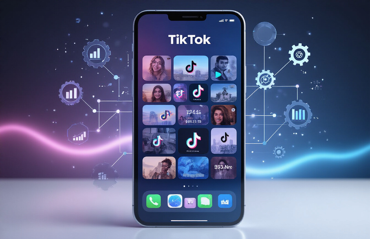 Create a realistic image of a sleek smartphone displaying the TikTok app interface with the For You page visible on screen, showing multiple video thumbnails in a grid layout, surrounded by floating digital elements like algorithm symbols, gears, data nodes, and connecting lines representing AI processing, set against a modern dark gradient background with subtle blue and purple lighting effects, with the phone positioned at a slight angle on a clean desk surface. Absolutely NO text should be in the scene.