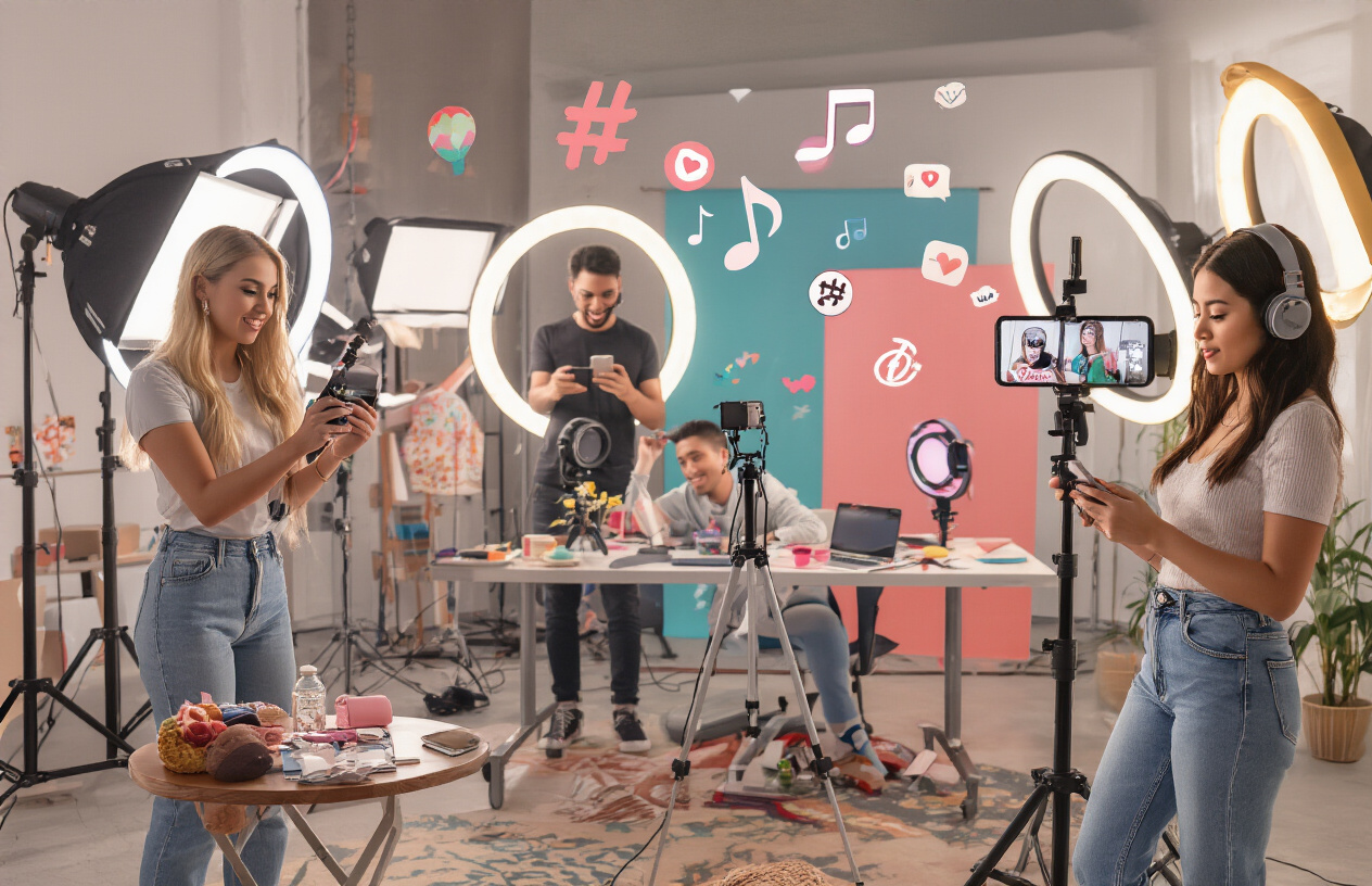Create a realistic image of a diverse group of content creators working on TikTok videos in a modern, well-lit studio space with ring lights, smartphones on tripods, and creative props like colorful backgrounds, trending accessories, and recording equipment scattered around, showing a white female influencer filming a dance video, a black male creator setting up lighting for his content, and an Asian female editing on her phone, all surrounded by visual elements that suggest viral content creation like hashtag symbols floating subtly in the air, trending music notes, and engagement icons, with warm, professional lighting that creates an inspiring and energetic atmosphere perfect for social media content creation, Absolutely NO text should be in the scene.