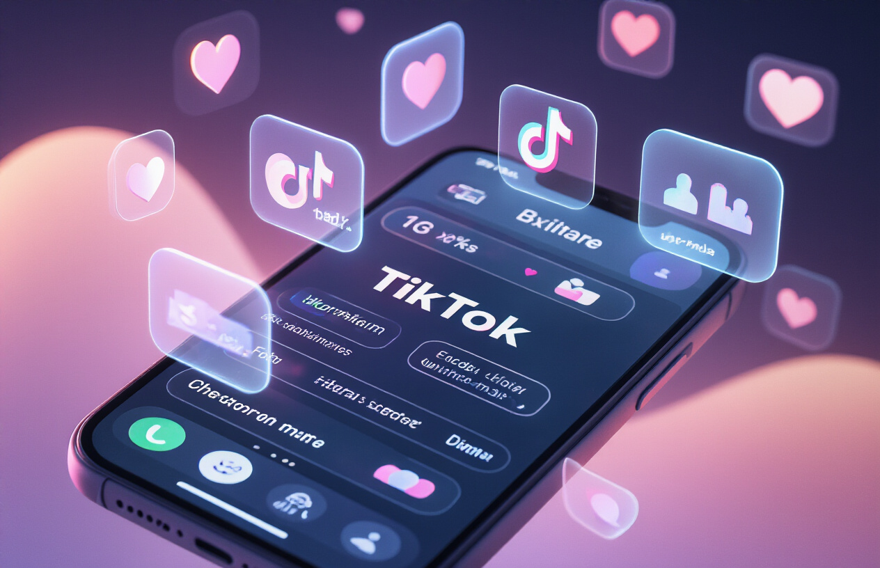 Create a realistic image of a close-up view of a smartphone screen displaying the TikTok app interface with various built-in features visible including filters, effects, duet options, and editing tools, surrounded by floating holographic icons representing engagement metrics like hearts, shares, and views, set against a modern dark gradient background with soft purple and pink lighting that creates a tech-savvy atmosphere, absolutely NO text should be in the scene.