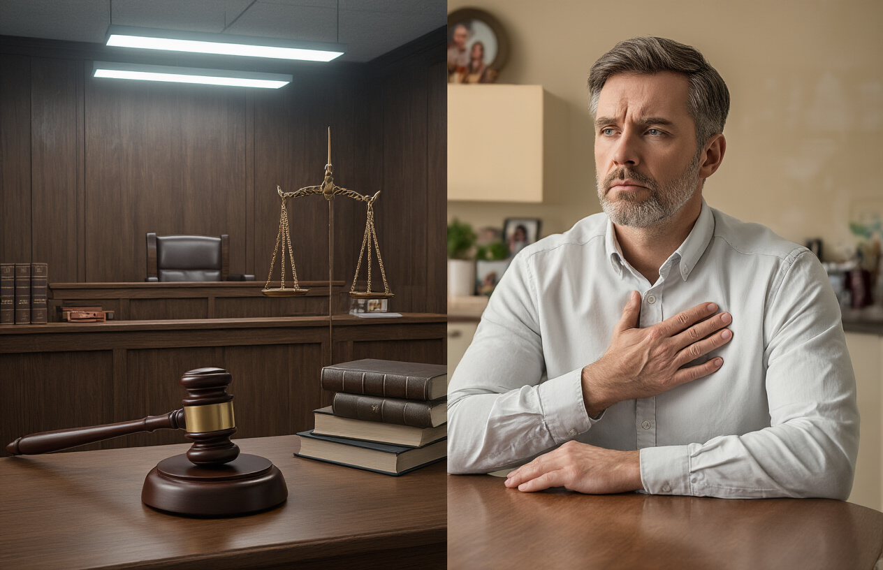 Create a realistic image of a split-screen composition showing two contrasting scenes: on the left side, a formal courtroom with wooden gavel, legal books, and scales of justice on a judge's bench under bright fluorescent lighting; on the right side, a warm, softly-lit personal scene with a white male in his 40s sitting contemplatively at a kitchen table with his hand on his chest near his heart, representing moral conscience, with family photos visible in the background. The two scenes should be clearly divided down the middle to emphasize the contrast between legal obligations and moral conscience. The lighting should be cool and institutional on the legal side, warm and personal on the moral side. Absolutely NO text should be in the scene.