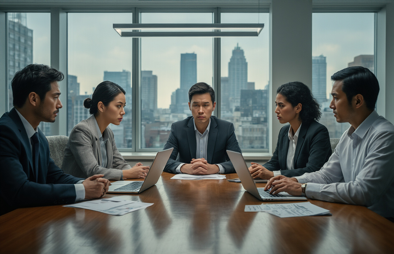 Create a realistic image of a diverse group of professionals in a modern office conference room appearing conflicted and engaged in serious discussion, including a white male in a business suit, a black female in professional attire, and an Asian male in a dress shirt, all sitting around a polished wooden table with laptops and documents scattered across it, fluorescent lighting casting soft shadows, large windows showing a city skyline in the background, the atmosphere conveying tension and moral dilemma through their concerned facial expressions and body language, absolutely NO text should be in the scene.