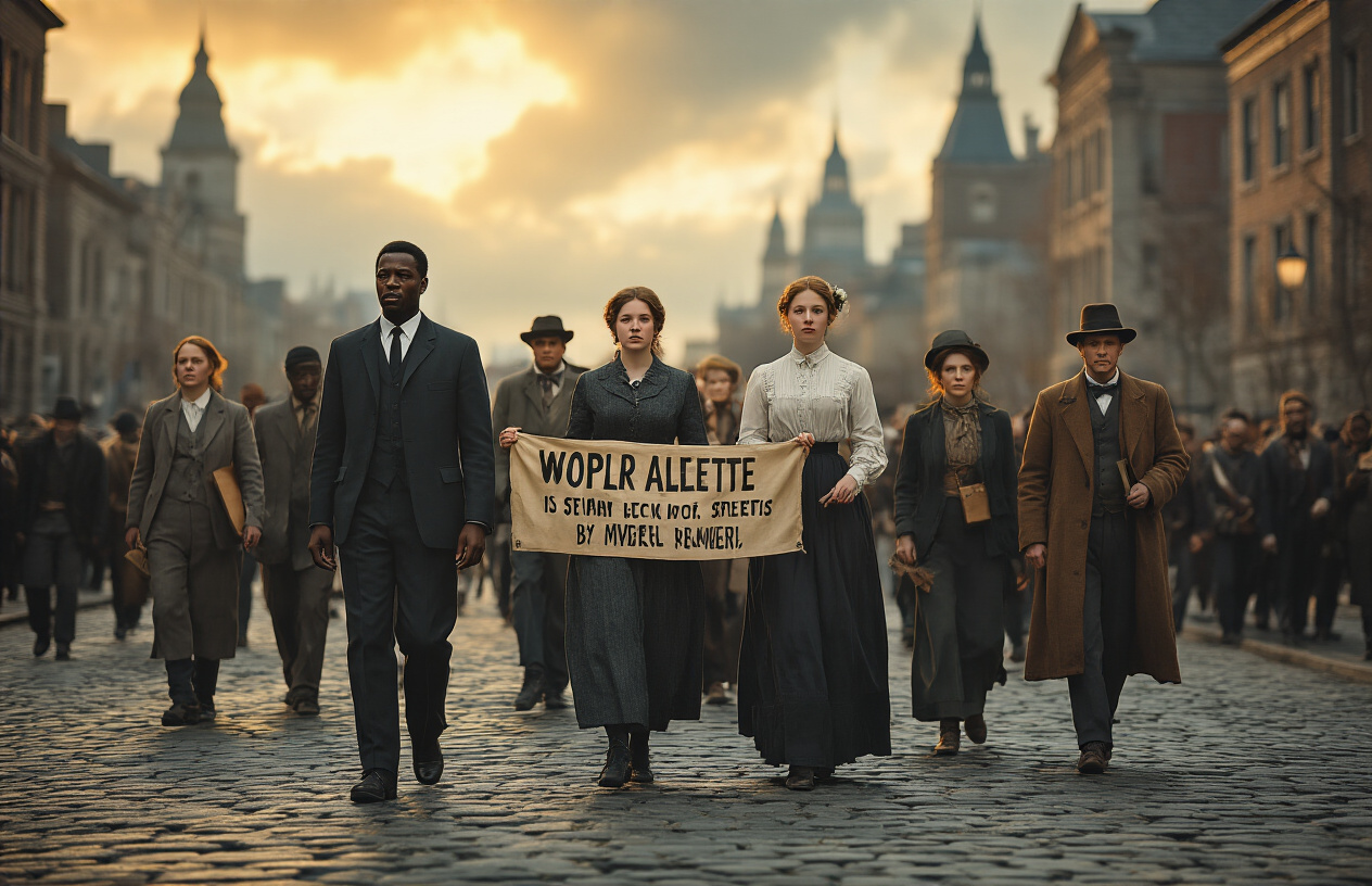 Create a realistic image of a diverse group of historical protesters from different eras walking together on a weathered cobblestone street, including a black male civil rights activist in 1960s attire, a white female suffragette in early 1900s dress holding a banner, and other peaceful demonstrators of various backgrounds, with old government buildings and courthouses visible in the blurred background under dramatic cloudy skies with golden hour lighting casting long shadows, conveying a solemn yet determined mood of moral resistance throughout history, absolutely NO text should be in the scene.