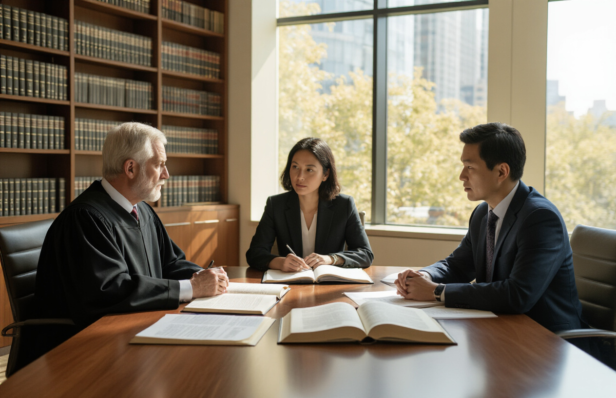 Create a realistic image of a diverse group of professionals including a white male judge, a black female lawyer, and an Asian male ethicist sitting around a modern conference table with open law books, ethical philosophy texts, and documents spread across the surface, engaged in serious discussion with thoughtful expressions, in a contemporary office setting with warm natural lighting from large windows, bookshelves filled with legal and philosophical volumes in the background, creating a collaborative and contemplative atmosphere that suggests analytical problem-solving and decision-making, absolutely NO text should be in the scene.