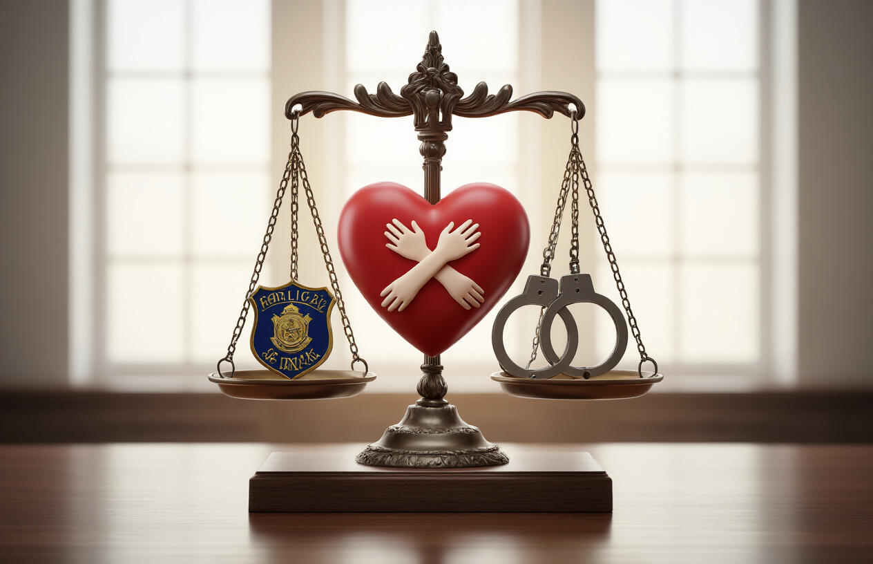 Create a realistic image of a balanced scale of justice in the center with two contrasting symbols on each side - a police badge and handcuffs on one side representing legal enforcement, and a heart with crossed hands on the other side representing moral values, set against a neutral courthouse interior background with soft natural lighting filtering through tall windows, creating a contemplative and serious mood that illustrates the tension between different enforcement systems and their consequences, absolutely NO text should be in the scene.