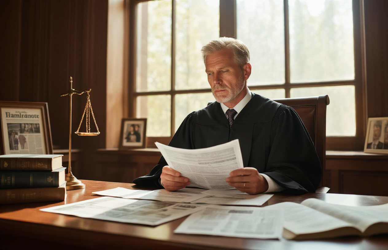 Create a realistic image of a professional courtroom scene showing a middle-aged white male judge at the bench thoughtfully reviewing documents while considering external factors, with subtle visual elements like newspaper headlines visible on his desk, a family photo nearby, and law books mixed with contemporary social science journals, warm natural lighting streaming through tall windows creating a contemplative atmosphere that suggests the complex real-world influences that shape judicial decision-making beyond pure legal theory, absolutely NO text should be in the scene.