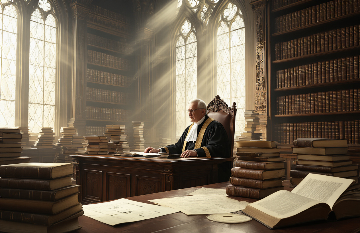 Create a realistic image of an ornate classical library with towering bookshelves filled with leather-bound legal volumes, where an elderly white male judge in traditional robes sits at a mahogany desk surrounded by stacks of abstract legal texts and theoretical manuscripts, with dusty sunlight filtering through tall Gothic windows creating dramatic shadows, while complex philosophical diagrams and theoretical frameworks are scattered across the desk, emphasizing the disconnect between abstract legal theory and practical reality through a somber, contemplative atmosphere. Absolutely NO text should be in the scene.