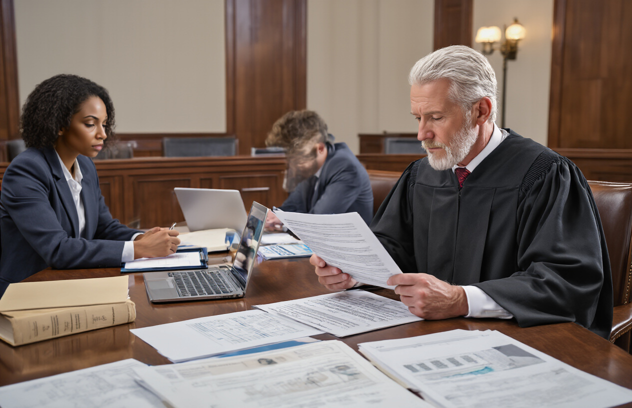 Create a realistic image of a modern courtroom scene with a middle-aged white male judge at the bench carefully examining real case documents and evidence materials spread before him, while a diverse group of legal professionals including a black female lawyer and white male attorney analyze practical legal outcomes on digital tablets and laptops, with law books and contemporary legal research tools visible on polished wooden tables, under bright professional lighting that emphasizes the practical, evidence-based approach to legal analysis, with a clean modern courtroom background featuring contemporary furnishings and technology. Absolutely NO text should be in the scene.