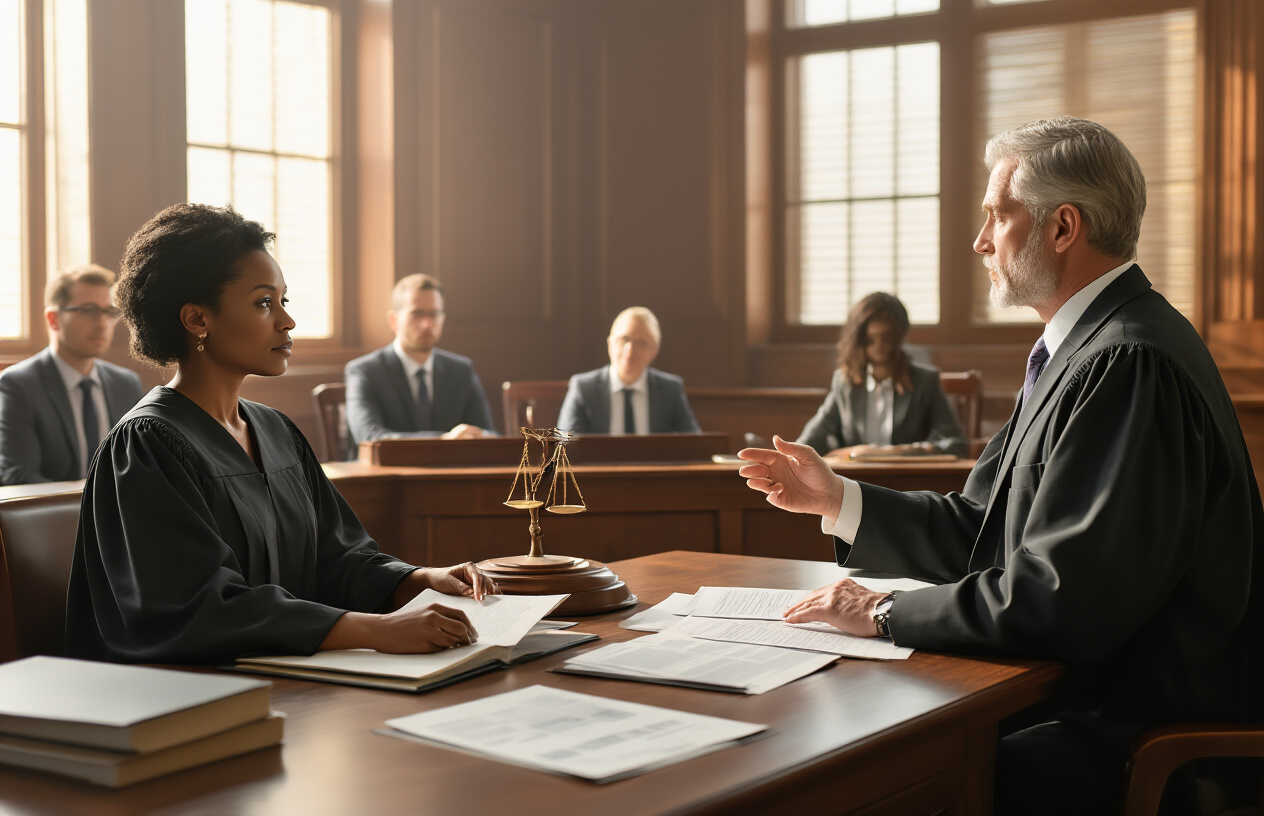 Create a realistic image of a modern courtroom scene showing a diverse group of legal professionals including a black female judge at the bench, a white male lawyer presenting evidence to a mixed-race jury, and court documents scattered on tables, with warm natural lighting streaming through tall windows, emphasizing the practical application of law in real-world scenarios, with a professional yet dynamic atmosphere that conveys active legal proceedings and decision-making processes. Absolutely NO text should be in the scene.