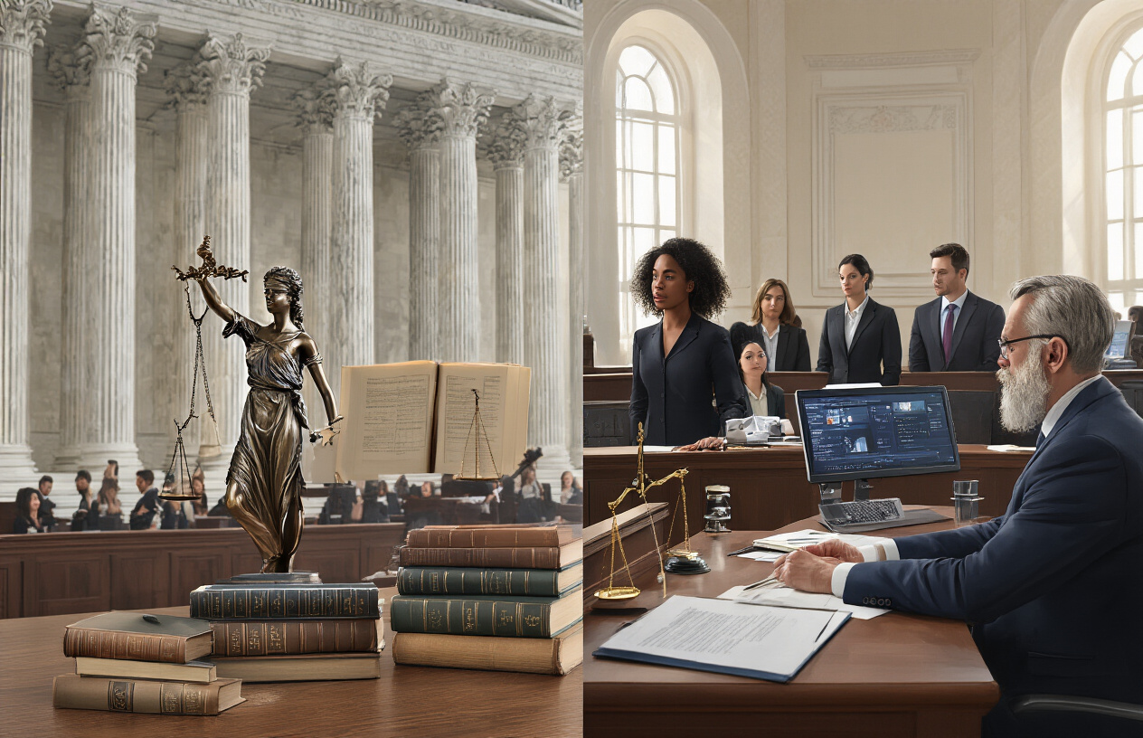 Create a realistic image of a modern courtroom scene split compositionally to show contrast between theory and practice, with the left side featuring pristine law books, formal scales of justice, and classical marble columns representing traditional jurisprudence, while the right side shows a diverse group of people including a black female judge, white male lawyer, and Hispanic female court clerk actively engaged in real legal proceedings with case files, evidence displays, and digital screens showing actual case outcomes, warm natural lighting illuminating the practical right side while cooler formal lighting bathes the theoretical left side, symbolizing the superiority of legal realism over abstract traditional approaches, absolutely NO text should be in the scene.