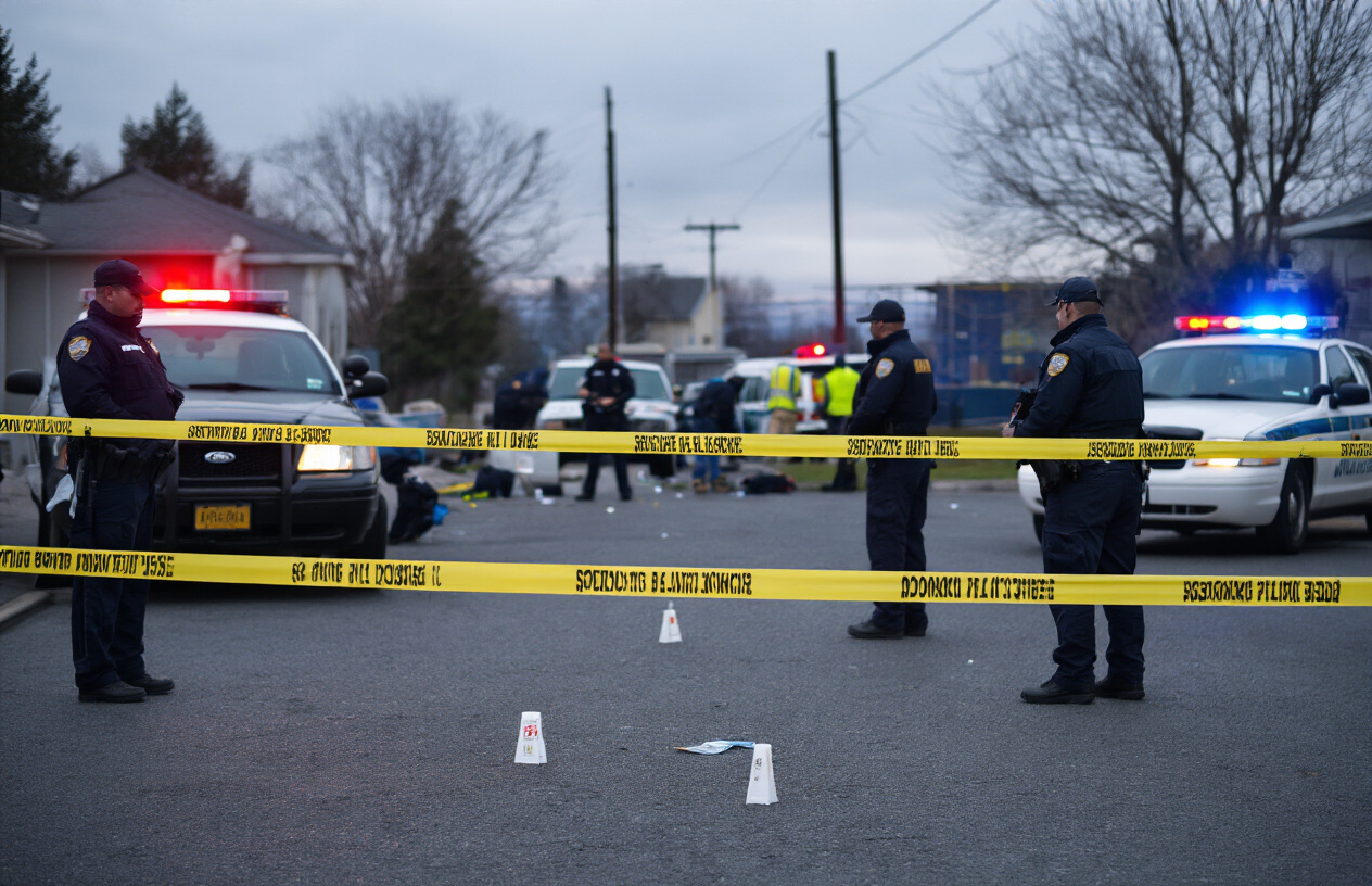 Create a realistic image of a police crime scene at dawn with yellow police tape cordoning off an area, several police officers in uniform investigating, evidence markers on the ground, police vehicles with flashing red and blue lights in the background, a somber and serious atmosphere with overcast sky, emergency personnel working methodically at the scene, and a sense of urgency and gravity in the investigation process. Absolutely NO text should be in the scene.