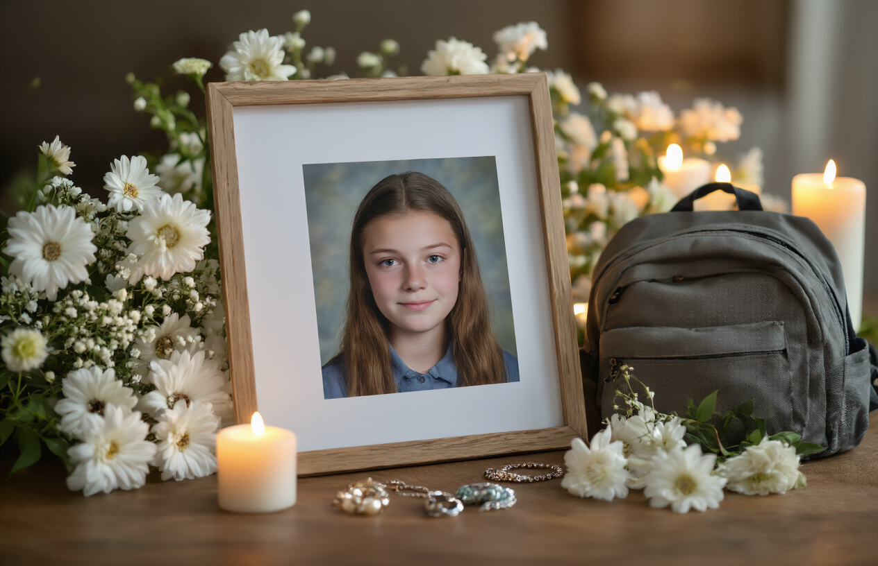 Create a realistic image of a memorial-style portrait composition featuring a young white female teenager's school photograph displayed on a wooden table surface, surrounded by white flowers, lit candles, and personal items like a backpack and jewelry, with soft warm lighting creating a somber and respectful atmosphere, shot from a slightly elevated angle against a blurred neutral background, absolutely NO text should be in the scene.