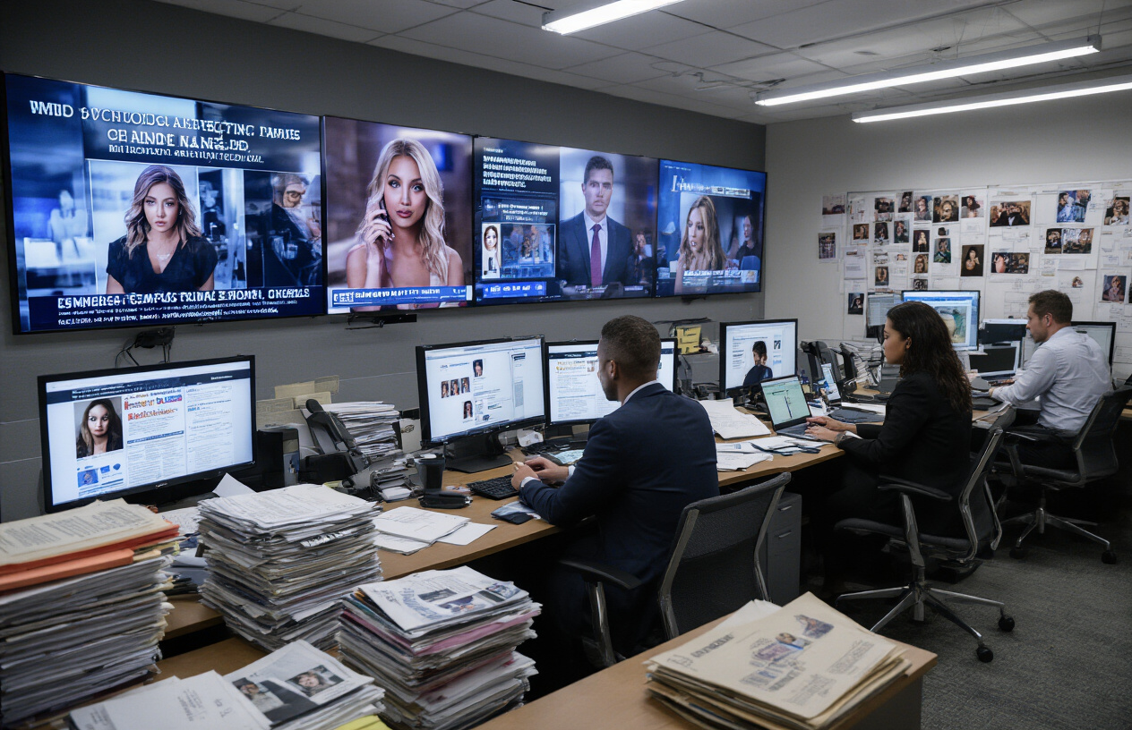 Create a realistic image of a professional newsroom scene with multiple journalists at desks researching celebrity connections, computer screens displaying social media profiles and entertainment news websites, stacks of documents and case files scattered on desks, a large wall-mounted television showing entertainment news coverage, white male and black female reporters working intensively with phones and laptops, modern office lighting with fluorescent overhead lights casting a serious investigative atmosphere, background showing bulletin boards with photos and connection charts, professional news environment suggesting celebrity involvement investigation. Absolutely NO text should be in the scene.