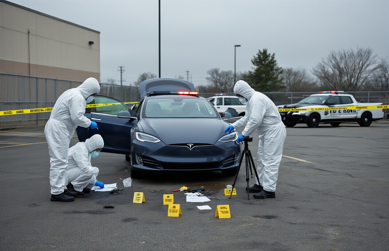 Create a realistic image of a police crime scene investigation showing white male and female forensic investigators in protective suits carefully collecting evidence around a dark colored Tesla vehicle in an impound lot, with yellow crime scene tape visible, evidence markers on the ground, photography equipment, and official police vehicles in the background under overcast daylight conditions creating a serious investigative atmosphere. Absolutely NO text should be in the scene.