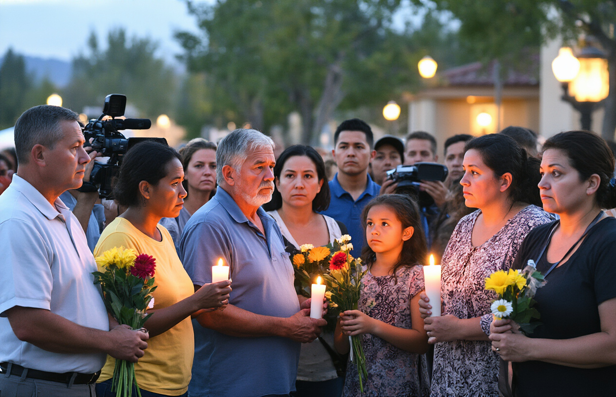 Create a realistic image of a diverse group of community members gathered in front of Lake Elsinore city hall, including white and black males and females of various ages holding vigil candles and flowers, with concerned expressions on their faces, while news reporters with cameras and microphones interview residents in the background, under evening lighting with warm street lamps illuminating the solemn gathering, showing the emotional impact on the local community. Absolutely NO text should be in the scene.
