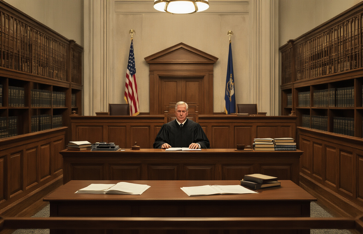 Create a realistic image of a formal courthouse interior with a white male judge in black robes sitting at an elevated wooden bench, a court stenographer at a desk with typing equipment, wooden plaintiff and defendant tables with legal documents spread across them, law books on shelves in the background, American flag positioned behind the judge's bench, warm overhead lighting creating a solemn professional atmosphere, and empty gallery seating visible in the background. Absolutely NO text should be in the scene.