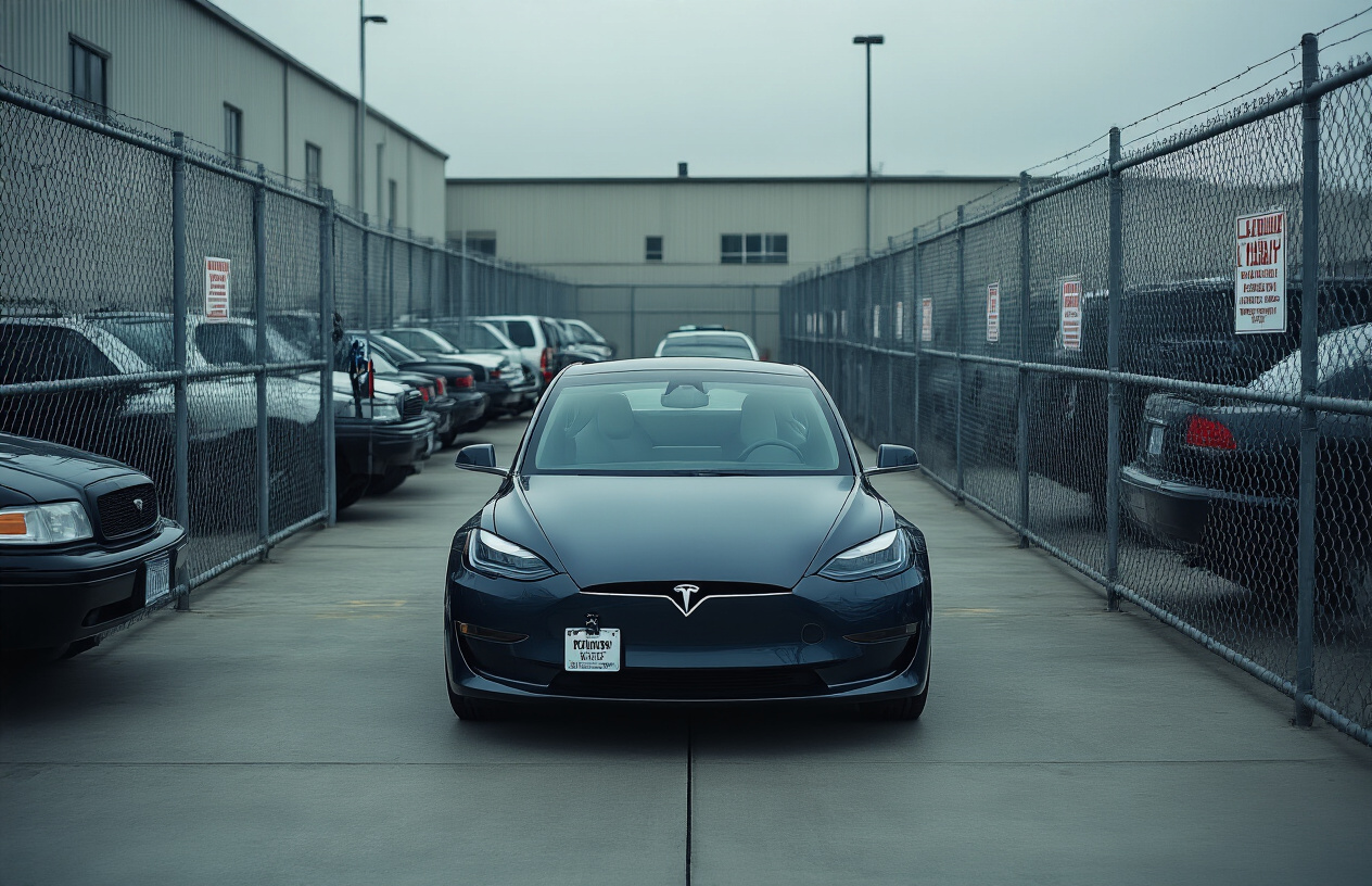 Create a realistic image of a Tesla electric vehicle parked in an official police impound lot surrounded by chain-link fencing, with the car positioned among other impounded vehicles, showing police evidence tags attached to the door handles, a sterile concrete surface beneath, industrial warehouse buildings in the background, overcast sky creating somber lighting, and official impound lot signage visible on fencing, capturing the serious investigative atmosphere of a law enforcement facility. Absolutely NO text should be in the scene.