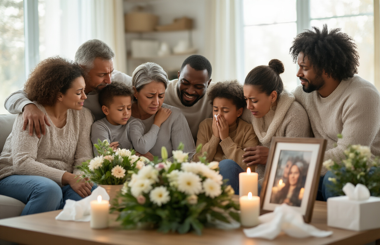 Create a realistic image of a diverse group of family members including white and black adults of both genders gathered together in a living room, some embracing while others wipe tears from their eyes, with memorial flowers, lit candles, and framed photographs displayed on a table in the foreground, soft natural lighting filtering through windows creating a somber yet warm atmosphere, tissue boxes scattered around, expressions of grief and support visible on their faces, cozy home interior with muted colors in the background, absolutely NO text should be in the scene.