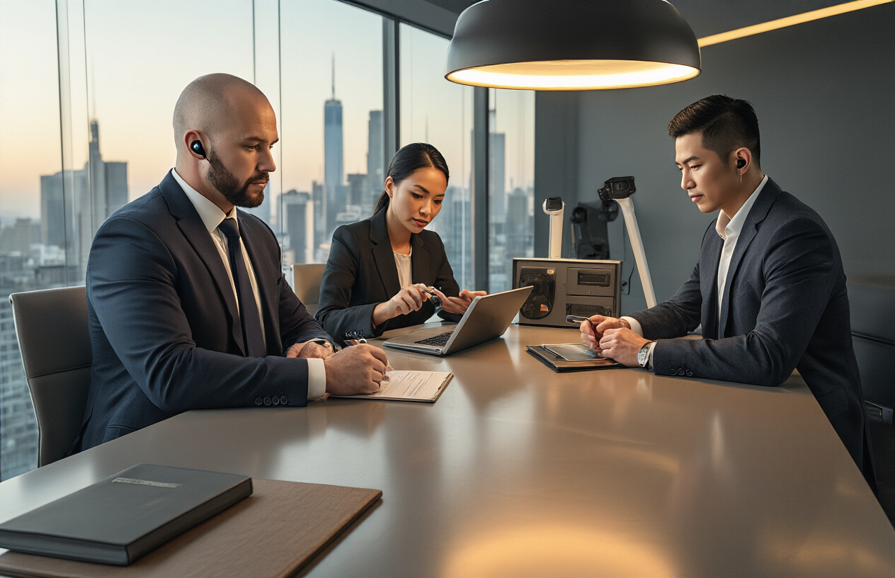 Create a realistic image of a diverse group of security professionals including a white male bodyguard in a dark suit with an earpiece, a black female security consultant reviewing safety protocols on a tablet, and an Asian male celebrity protection specialist examining surveillance equipment, all gathered around a modern conference table in a sleek office setting with city skyline visible through large windows, warm professional lighting creating a serious atmosphere focused on celebrity safety planning and risk assessment. Absolutely NO text should be in the scene.