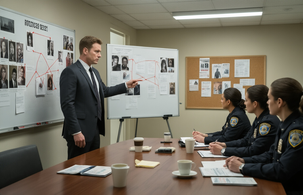 Create a realistic image of a modern police station briefing room with white male detective in suit pointing at evidence board covered with photos, documents, and red string connections, several diverse police officers seated at conference table reviewing case files, fluorescent lighting casting serious shadows, cork board displays crime scene photos and missing person flyers, whiteboard with timeline notes, coffee cups and notepads scattered on table, institutional beige walls, professional investigative atmosphere suggesting ongoing criminal investigation, absolutely NO text should be in the scene.