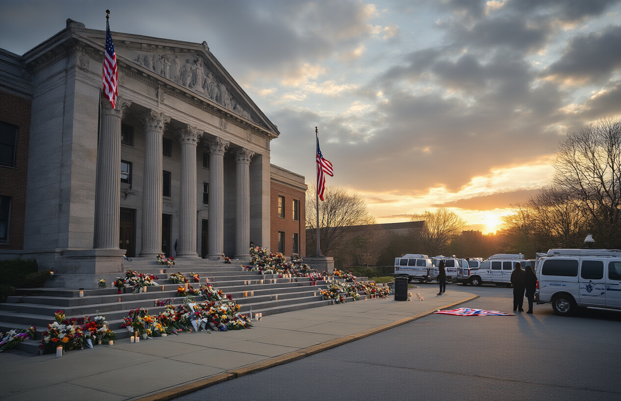 Create a realistic image of a somber courthouse or police station exterior during golden hour lighting, with American flags at half-mast, scattered memorial flowers and candles on the steps, empty news vans parked nearby with their satellite dishes down, a few distant silhouettes of people embracing in grief, overcast sky with soft warm light filtering through clouds creating a contemplative and respectful atmosphere that conveys closure and remembrance. Absolutely NO text should be in the scene.
