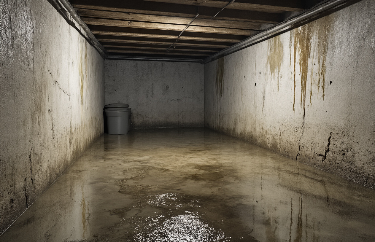 Create a realistic image of a basement interior showing clear early warning signs of water damage including visible water stains on concrete walls, small puddles of water on the floor, dampness marks, minor cracks in the foundation walls, and slight discoloration on the lower portions of the walls, with dim lighting creating shadows that emphasize the moisture issues, concrete floor and walls, basement setting with some storage items in the background, moody atmosphere suggesting concern, absolutely NO text should be in the scene.