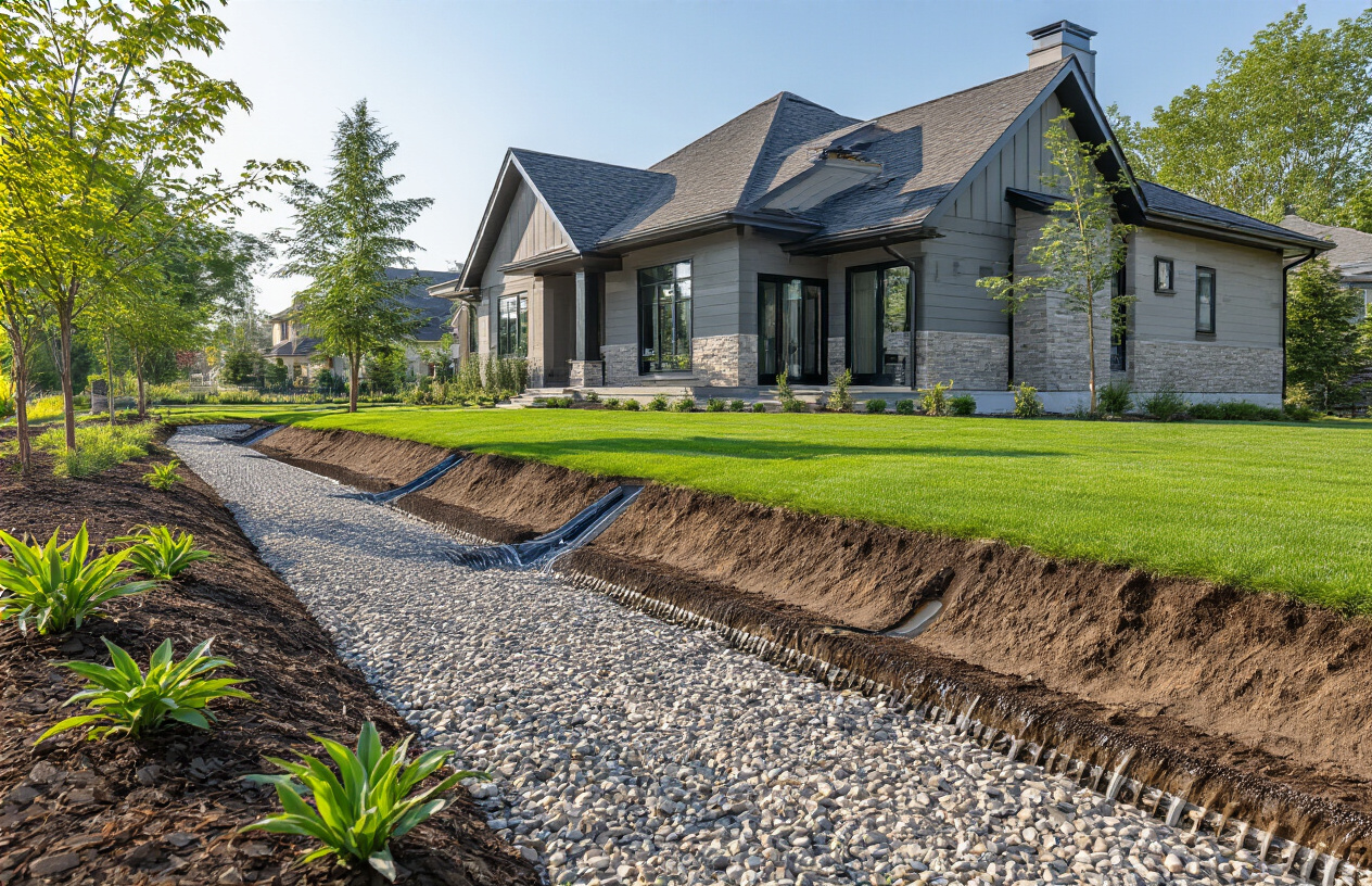 Create a realistic image of a residential house exterior showing proper drainage solutions including French drains with exposed gravel trenches along the foundation, downspouts with extended drainage pipes directing water away from the house, a sloped yard grading away from the foundation, and drainage channels or swales in the landscaping, set during daytime with clear lighting to showcase the water management systems, featuring a modern suburban home with visible foundation walls and well-maintained landscaping that demonstrates effective water diversion techniques, absolutely NO text should be in the scene.