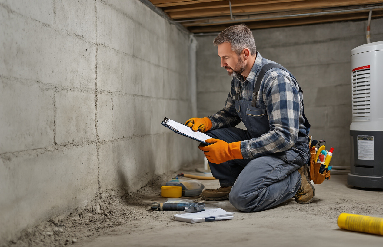 Create a realistic image of a white male homeowner in his 40s wearing work clothes and gloves, kneeling beside a basement foundation wall, carefully inspecting for cracks and moisture signs with a flashlight in one hand while holding a clipboard with maintenance checklist in the other, surrounded by basement maintenance tools including a dehumidifier, sealant tubes, and cleaning supplies, with concrete foundation walls visible in the background showing proper drainage systems, indoor lighting creating a well-lit maintenance environment, conveying a proactive and methodical approach to home care, absolutely NO text should be in the scene.