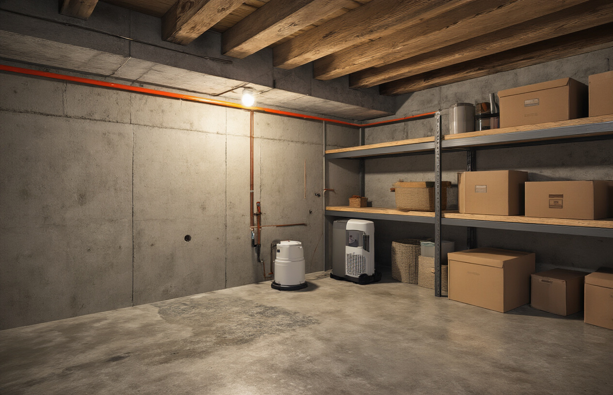 Create a realistic image of a well-protected residential basement interior showing a clean, dry concrete foundation with visible waterproofing systems including a modern sump pump in the corner, properly sealed foundation walls with a slight sheen indicating waterproof coating, a dehumidifier running quietly, and organized storage shelves with boxes safely elevated above the floor, all illuminated by warm LED lighting that creates a sense of security and peace of mind, with the overall atmosphere conveying successful water damage prevention and a well-maintained below-ground space. Absolutely NO text should be in the scene.