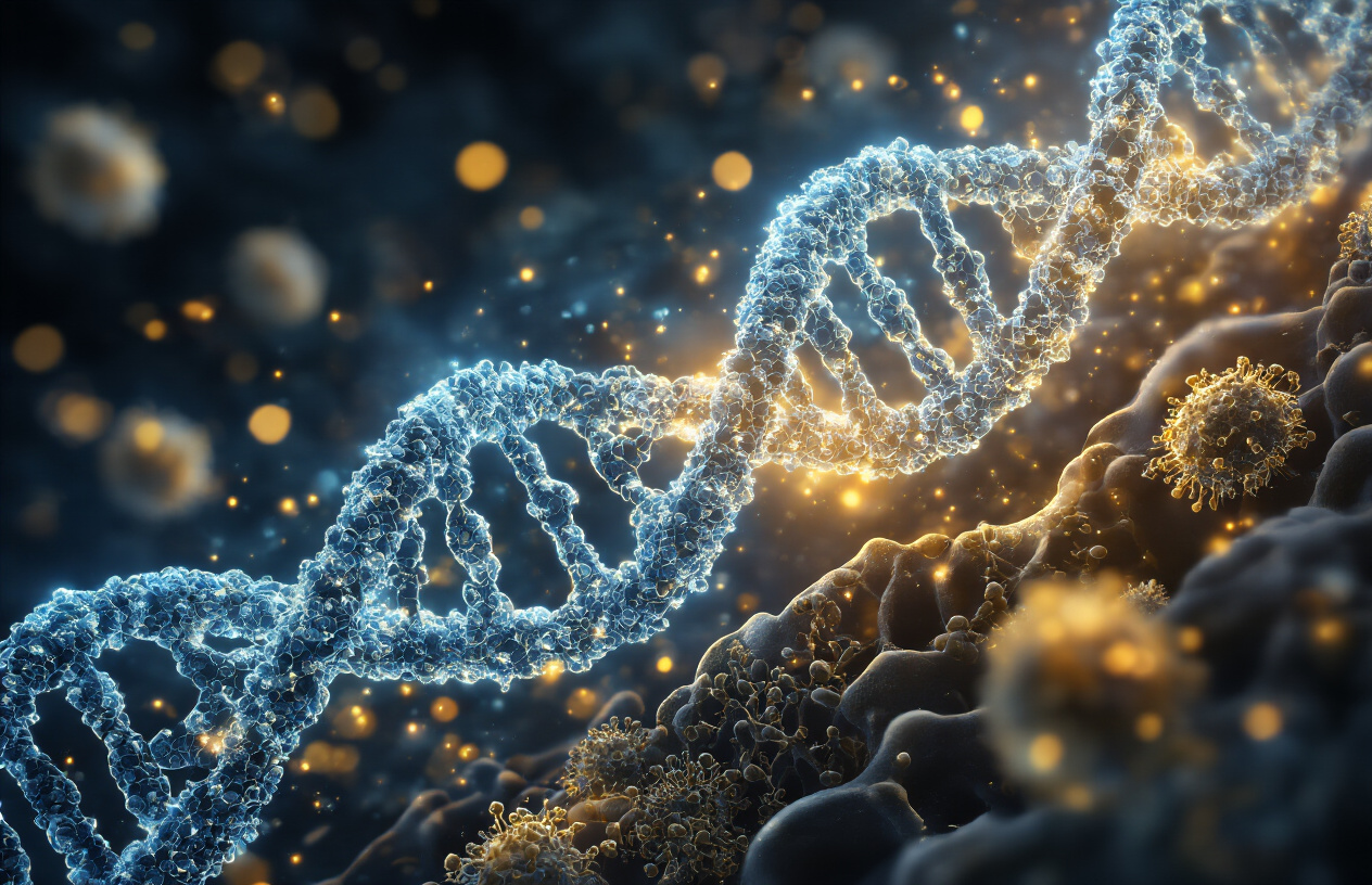 Create a realistic image of a close-up view of human DNA double helix structures glowing with soft blue and golden light, surrounded by cellular mitochondria and collagen fibers that appear vibrant and healthy, set against a dark background with subtle bokeh effects, creating a scientific and mystical atmosphere that represents the body's natural regenerative processes, with microscopic details showing cellular renewal and repair mechanisms in action, absolutely NO text should be in the scene.