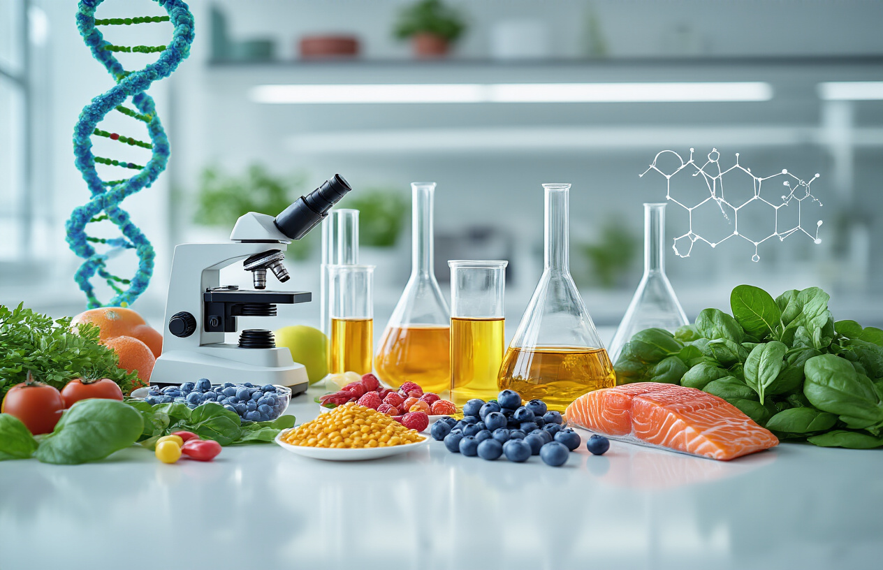 Create a realistic image of a modern laboratory setting with scientific equipment including microscopes, test tubes, and beakers containing colorful nutritional supplements and extracts, fresh organic vegetables, fruits, and superfoods like blueberries, spinach, and salmon arranged on a clean white laboratory bench, with DNA helix models and molecular structure diagrams visible in the background, bright clinical lighting illuminating the scene, conveying a scientific approach to nutrition and longevity research, absolutely NO text should be in the scene.