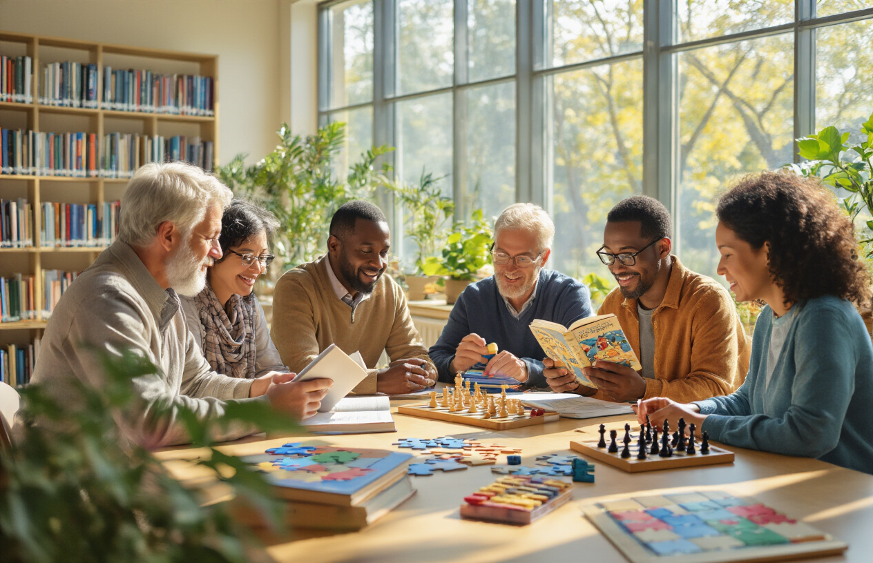 Create a realistic image of a diverse group of middle-aged adults of different races (white, black, Asian) and genders engaged in brain-stimulating activities like solving puzzles, reading books, and playing chess in a bright, modern library or study space with natural sunlight streaming through large windows, creating an atmosphere of mental engagement and lifelong learning, with plants and colorful brain-training games visible on tables, conveying energy and intellectual vitality, absolutely NO text should be in the scene.