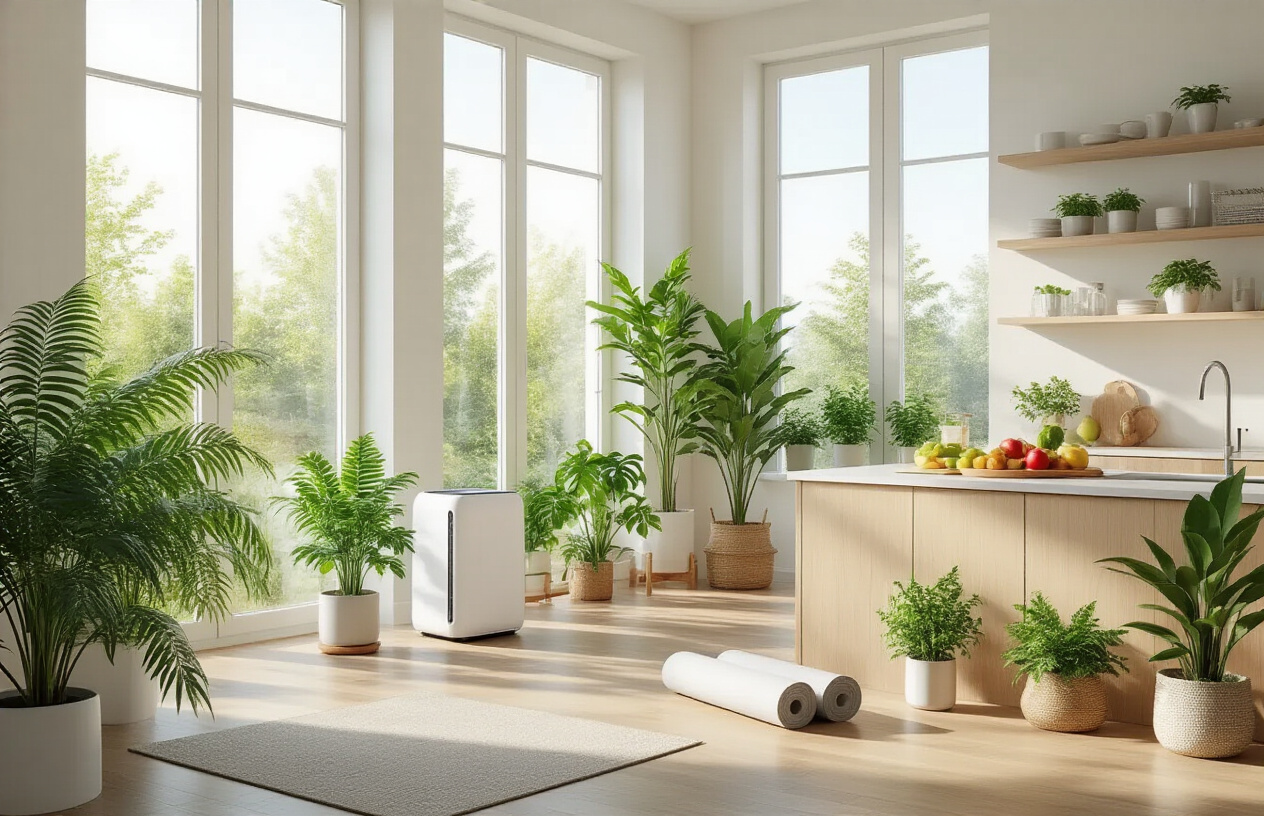Create a realistic image of a bright, modern living space with large windows allowing abundant natural light to flood in, featuring indoor plants of various sizes including potted ferns and leafy green plants on shelves and floor stands, a sleek air purifier visible in the corner, fresh fruits and vegetables artfully arranged on a clean kitchen counter, a yoga mat rolled up nearby, ergonomic furniture with clean lines, and water filtration system on the counter, all set against a clean, minimalist background with white and natural wood tones, conveying a sense of health, vitality, and wellness through environmental design, absolutely NO text should be in the scene.