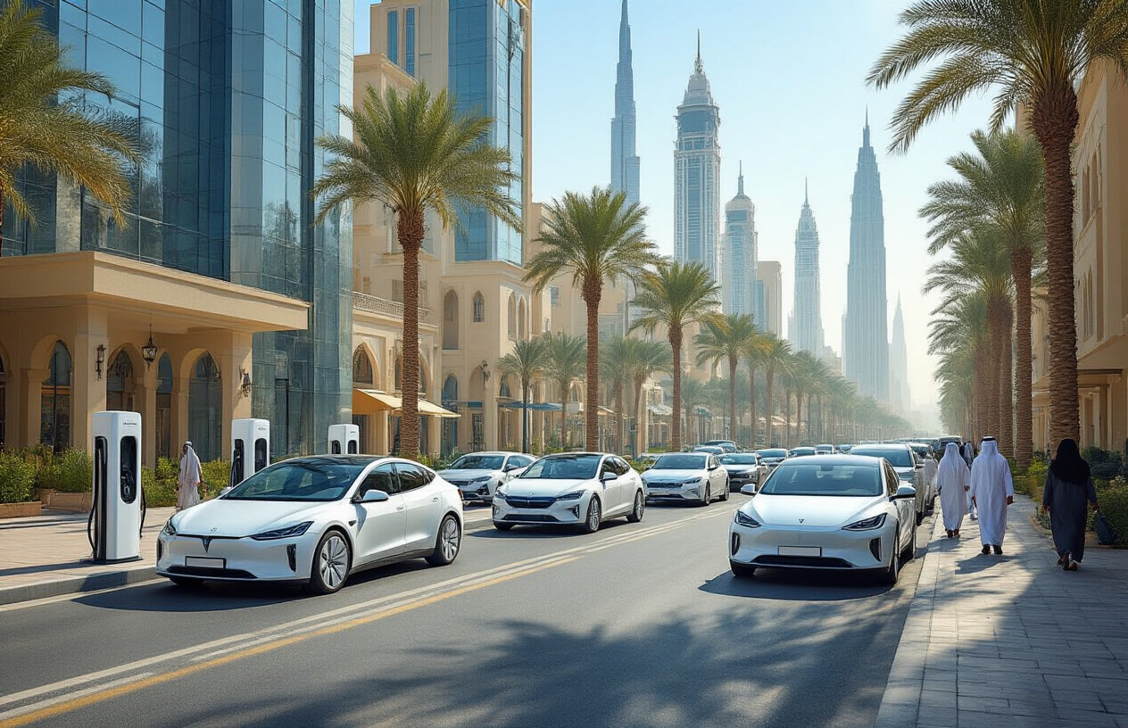 Create a realistic image of a modern Middle Eastern city street scene showcasing the current electric vehicle adoption with several white and silver electric cars and SUVs parked and driving alongside traditional gasoline vehicles, featuring distinctive Gulf architecture with glass towers and palm trees in the background, under bright sunny desert lighting with clear blue skies, including a few electric vehicle charging stations visible on the sidewalk, with Middle Eastern male and female pedestrians of various ethnicities walking nearby, capturing the transitional phase of transportation technology in an upscale urban Gulf setting, absolutely NO text should be in the scene.